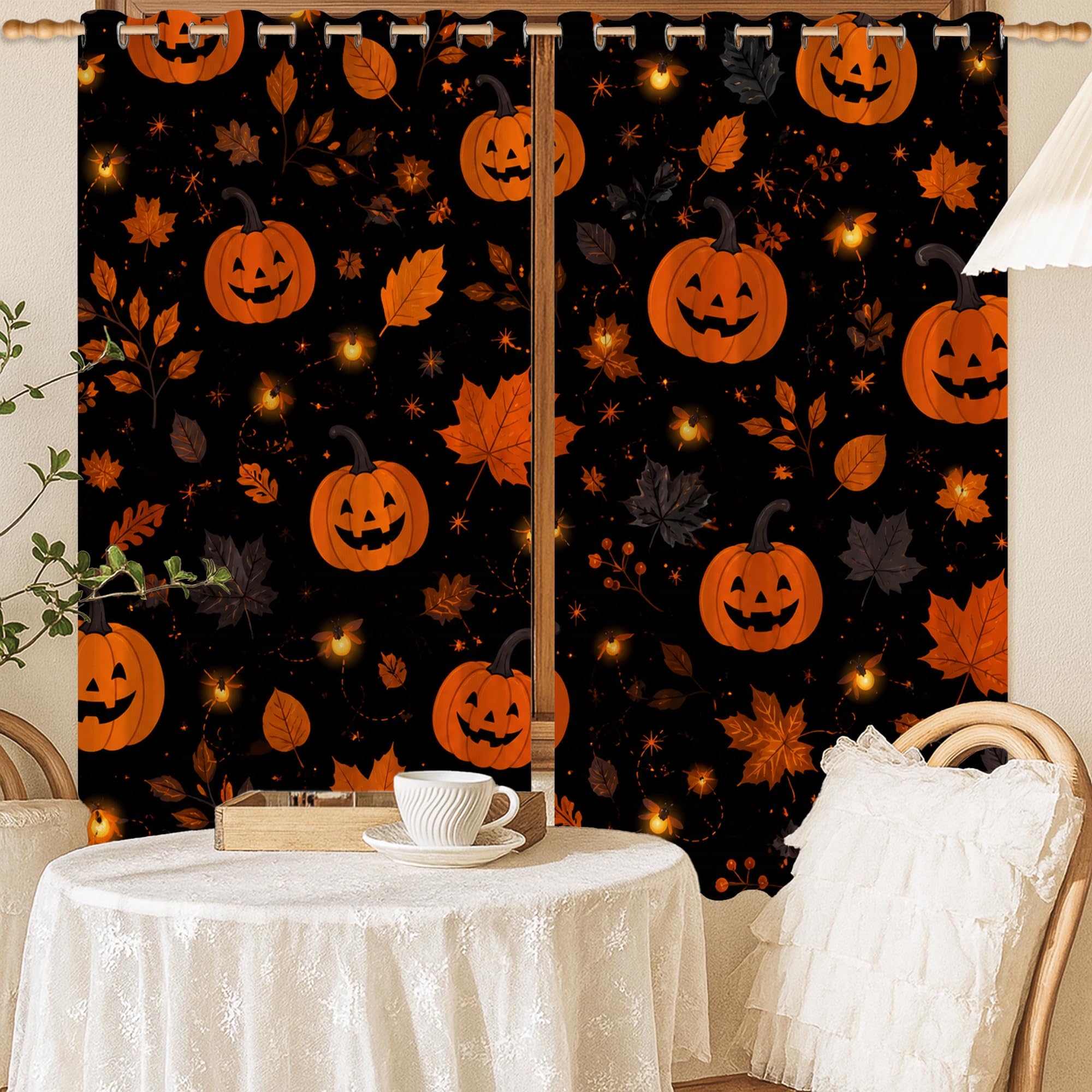 Rideaux occultants contre la lumière avec motifs citrouilles et fleurs d'Halloween