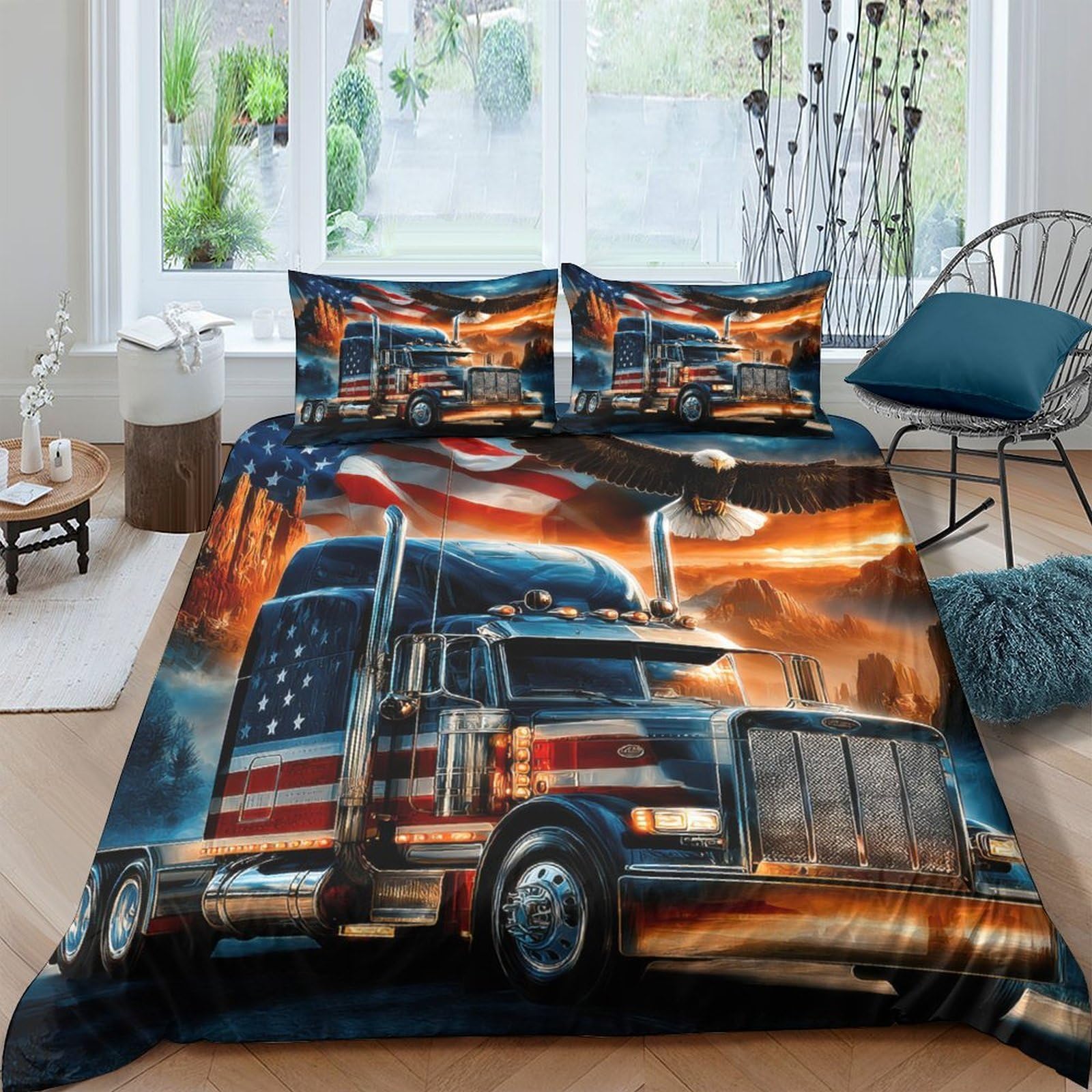 Ctjqhvkz Style-3 3D Printed American Truck Flag Fitted Sheet Microfiber Soft Bed Cover For Bedroom Dorm Decor Mattress Protection Single（135X200cm）