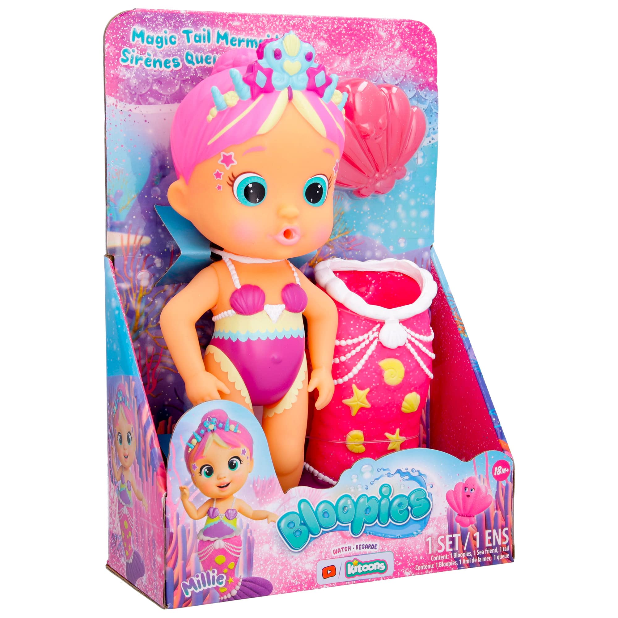 Bloopies Magic Tail Mermaid Millie, Giocattolo d'Acqua, Sirena con Coda scintillante con Glitter e la sua Mascotte Izzy, Spruzza Acqua e Fa Bolle, Giocattolo Regalo per Bambini dai 18 Mesi in su