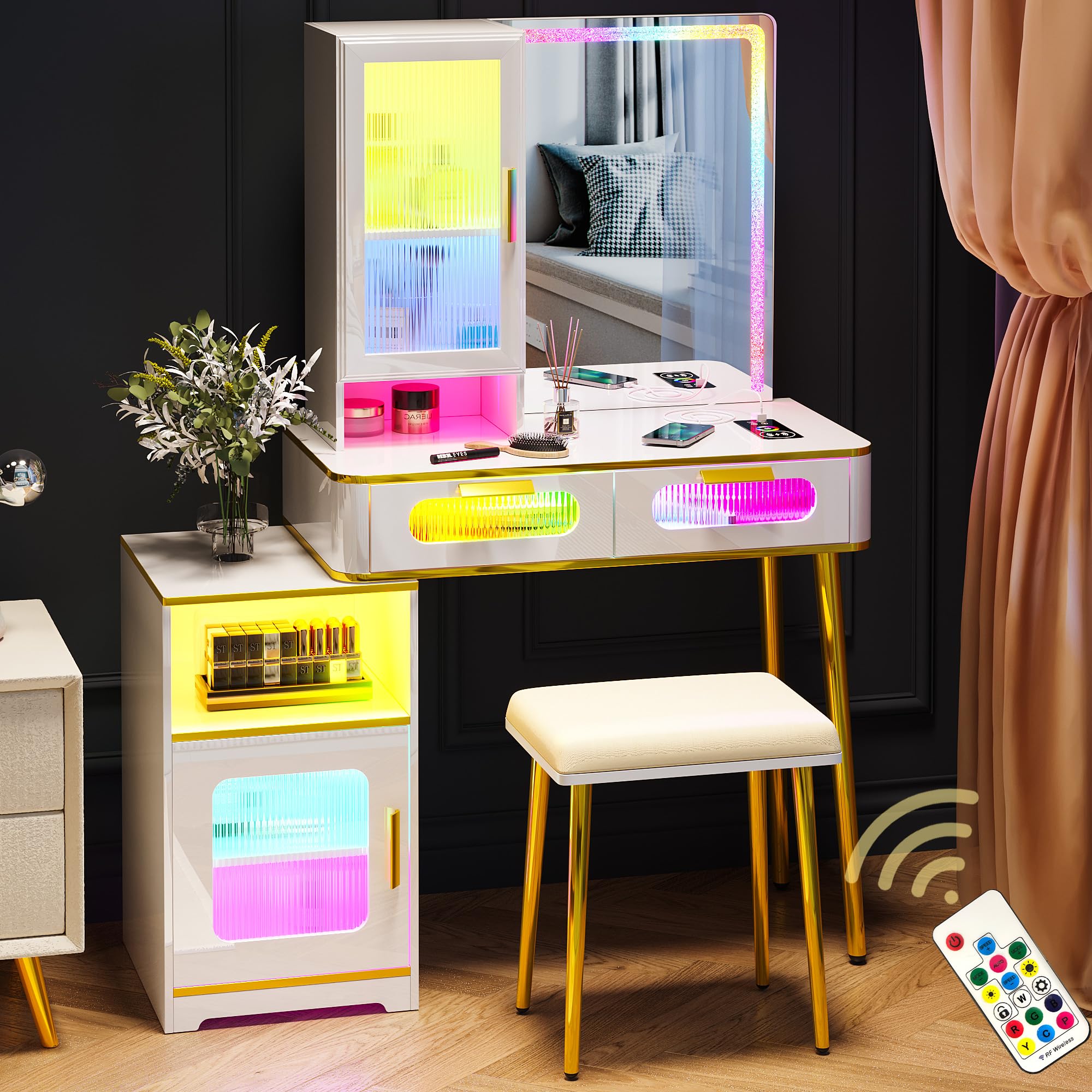 RGB LED Vanity Desk, Retractable Makeup Vanity with Nightstand and Lighted Mirror,Makeup Vanity with Body Sensor Light & Charging Station, Dressing Table with Jewelry Organizer,White
