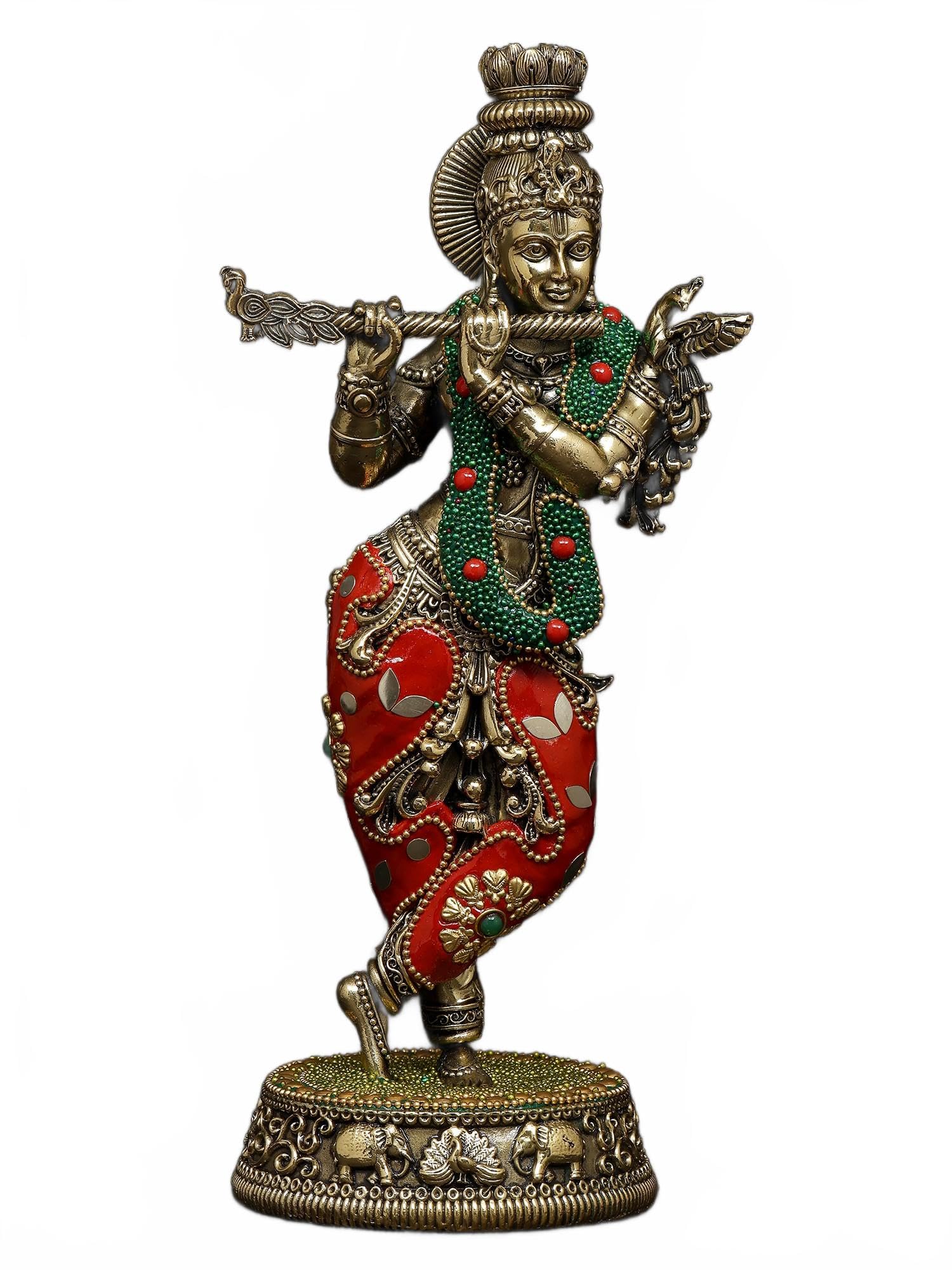 Exotic India 9" Superfine Playing Fluting Lord Krishna Brass Statue with Inlay Work for Puja Room, Home, Office, Table Decor | Makhan Chor | Laddu Gopal