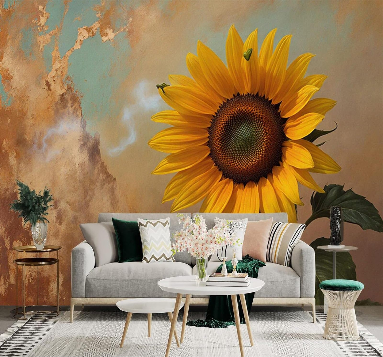 Xlming 350Cm×256Cm(B×H) Golden Sunflowers Green Leaves Abstract Rural Landscape 3D Wallpaper Silky Texture Home Study Office Grey Dining Room Sofa Bedroom Living Room Tv Backdrop-350Cm×256Cm