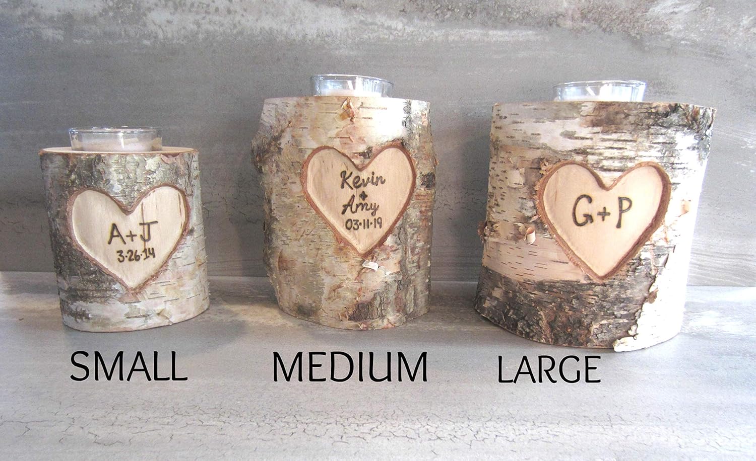 Romantic Couples Initials Personalized 5 Year Anniversary Gift, Birch Branches Log Rustic Wedding Candle Holder