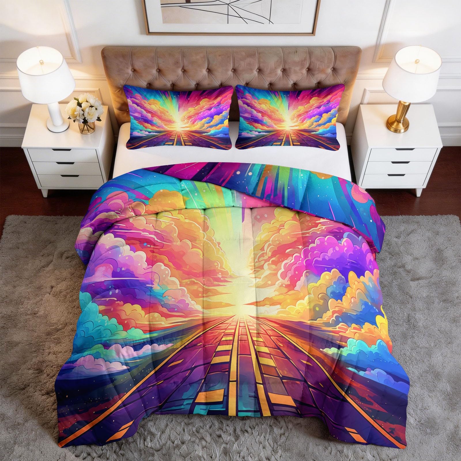 Fantazyjna kołdra Rainbow Geometryczna Chmury Przestrzeń 140 x 200 cm, Wymarzona przestrzeń Lekka kołdra na łóżko - opalizujący kolor miękki koc 4 pory roku, można prać kołdra dla dziewczynek chłopców