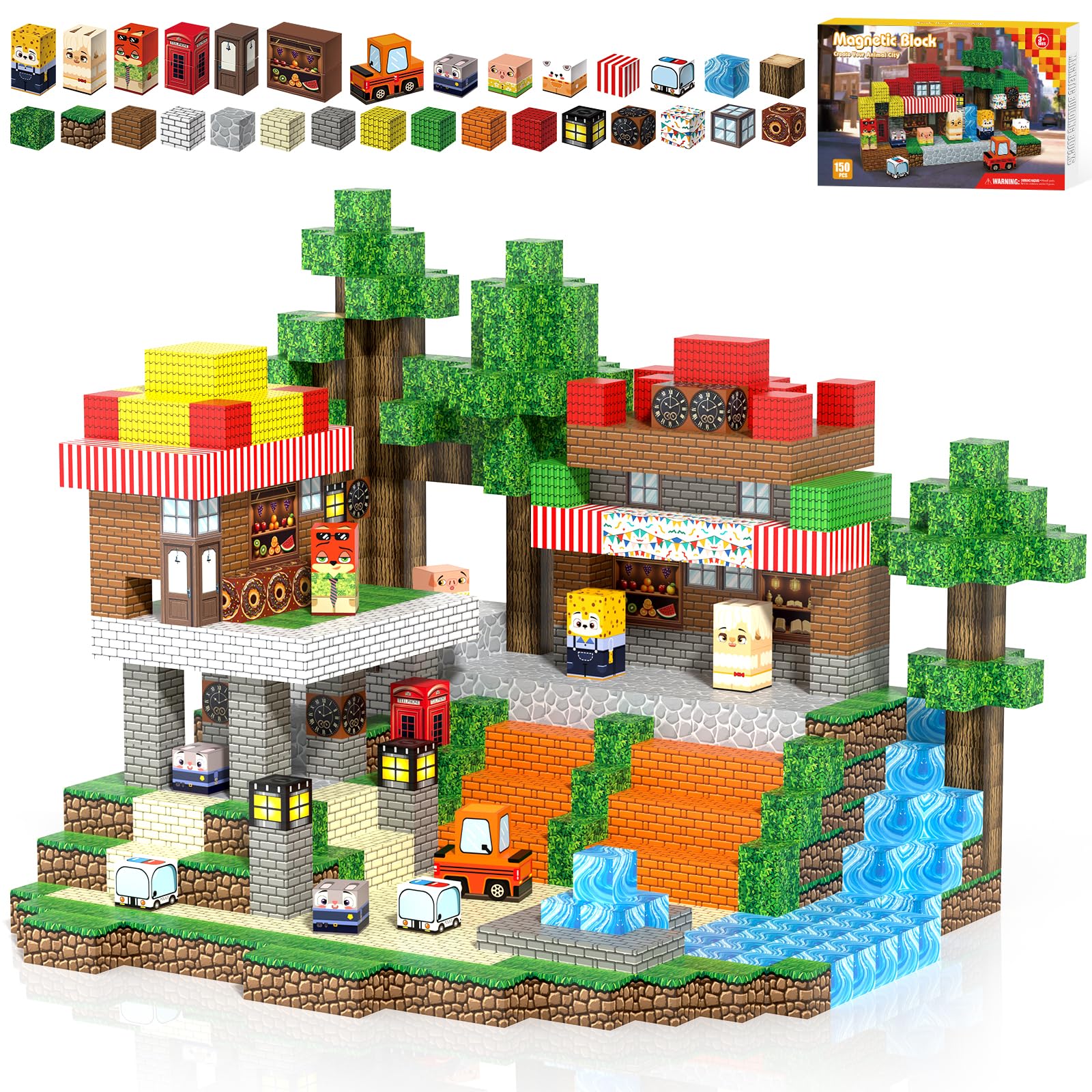 Kryzomat Magnetische Bausteine, Magnetische Blöcke 150 PCS für 3+ Jahre Alt, Magnetic Blocks Spielzeug-Sets für Kinder Jungen Mädchen, Geschenk für Geburtstag Weihnachten