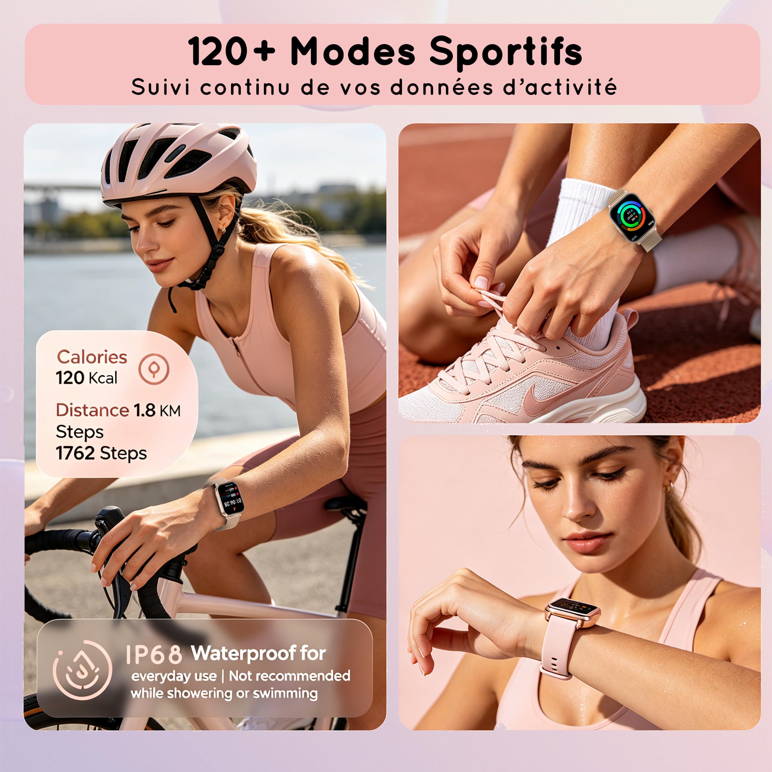 Montre Connectée Femme avec 3 Bracelets 30+ Jour Ultra 1,85" HD Fitness Smartwatch avec Appel Bluetooth/Fréquence Cardiaque/SpO2/Sommeil, 120+ Modes Sportifs,1000mAh pour iOS Android, Or Rose