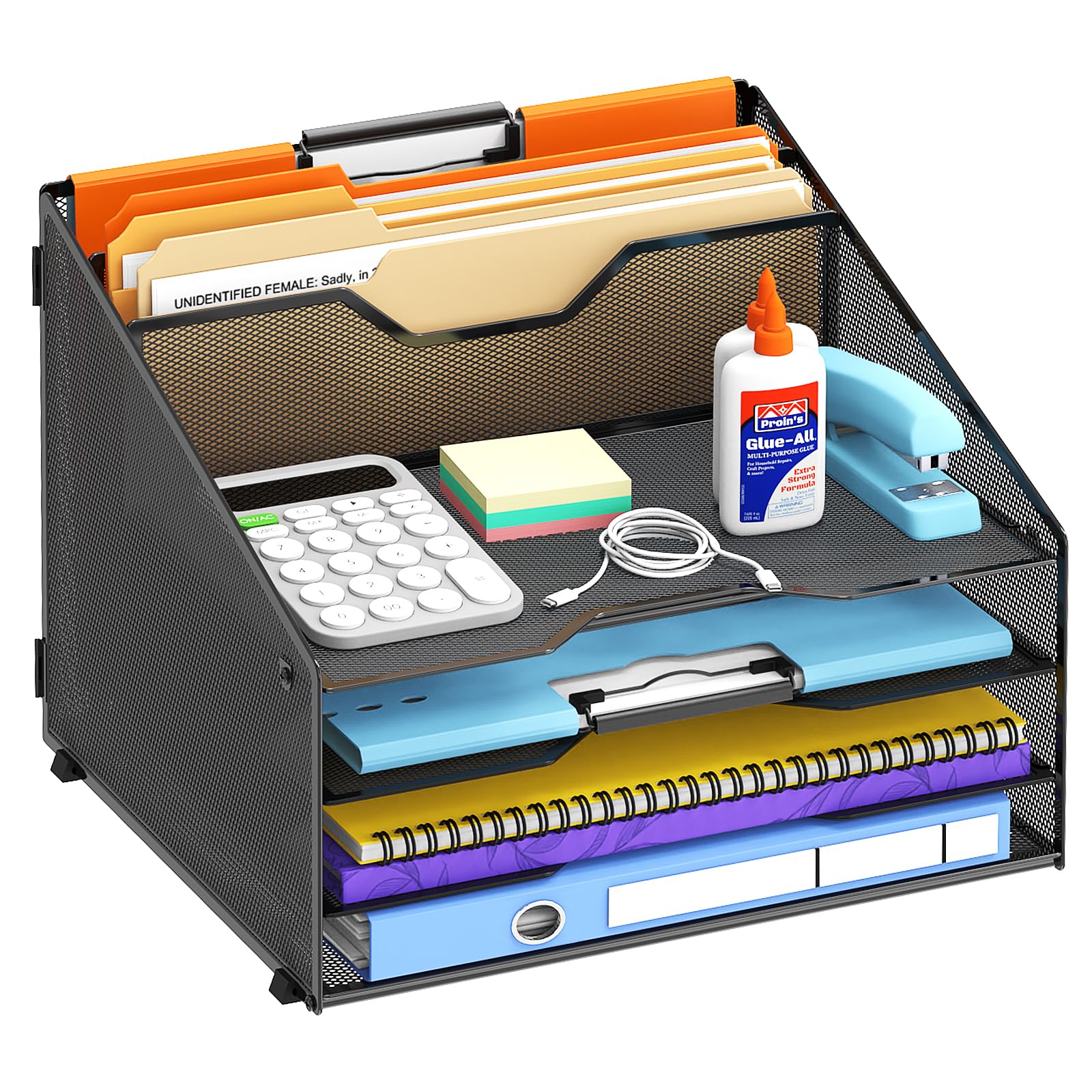 Reeplan Black Desk File Organiser, Mesh File Holder With 4 Paper Trays And 2 Vertical Upright Sections, For Home Office Supplies,