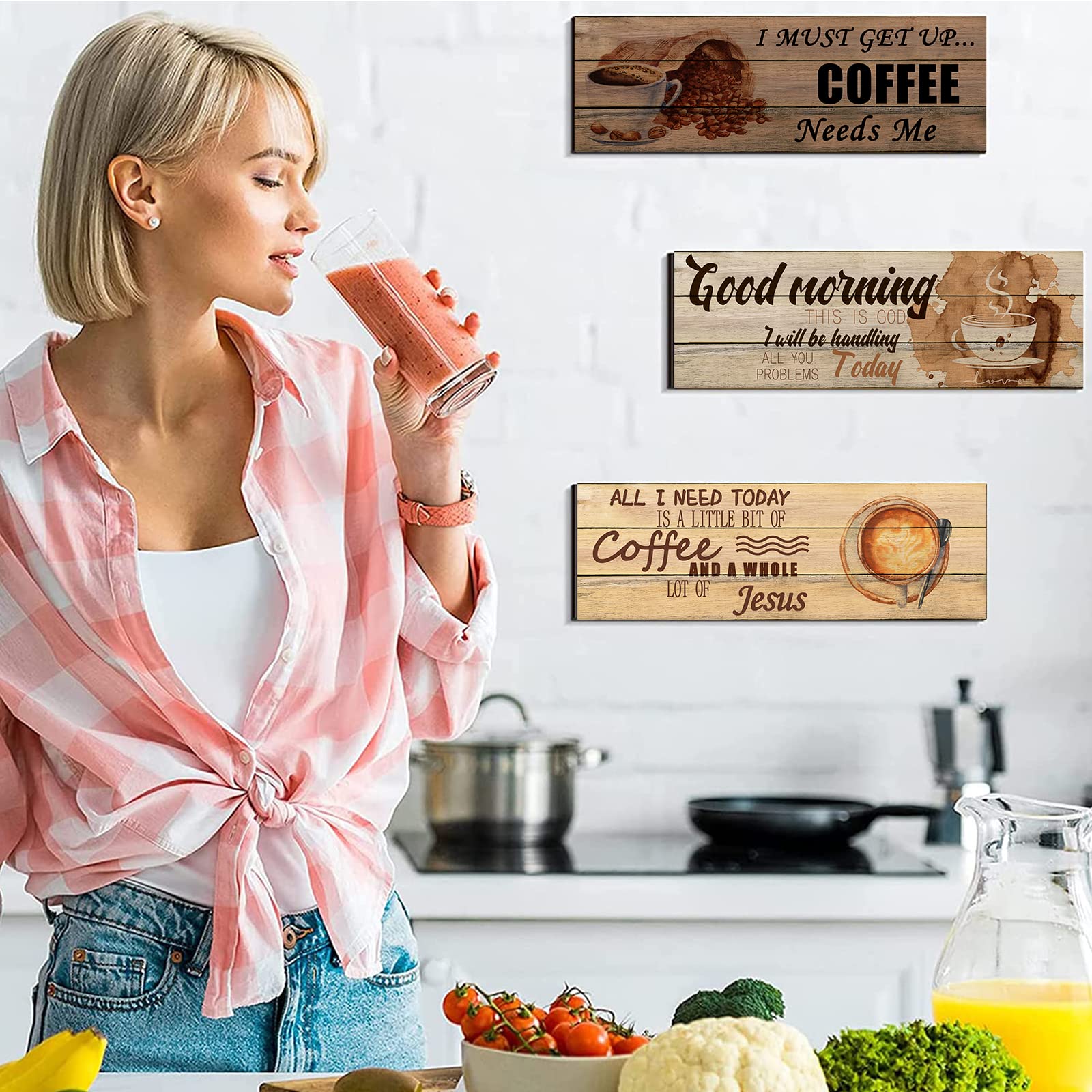 Wood Wall Decor Retro Kitchen Signs 3 Pieces All I Need Today is Coffee and Jesus Wood Plank Design Hanging Sign Good Morning This is God Watercolor Coffee Cup Wooden Wall Art Home Decor Easy to Hang - Image 4