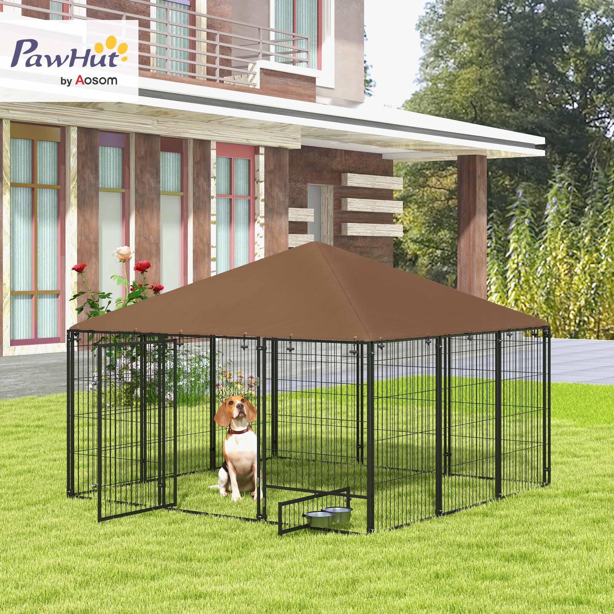 PawHut Recinto per Cani da Esterno, Box per Cani in Acciaio 211x211x151 cm con Tetto Anti-UV, Impermeabile, Ciotola Girevole, Kennel Recinzione Spazioso per Cuccioli, Giardino, Nero e Marrone