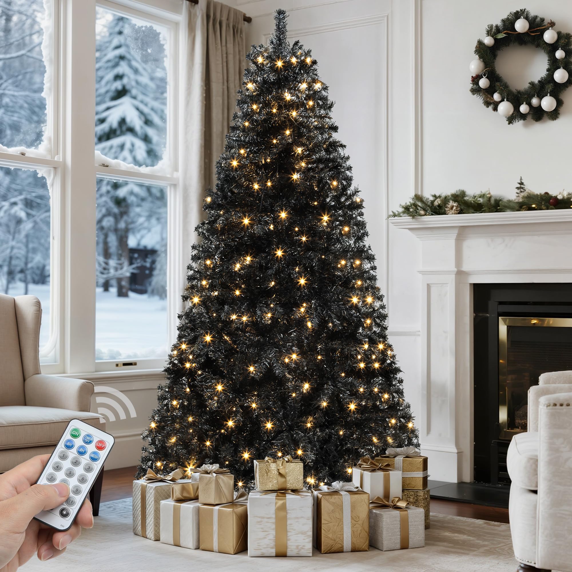 GOOBED 7.5ft Prelit Black Christmas Tree with Remote &amp; 11 Light-Modes