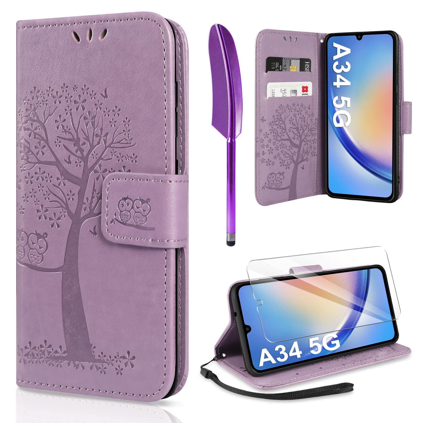 ivencaseCompatible with Samsung Galaxy A34 5G Case and Screen Protector, PU Leather Wallet Phone Case With Card Slots Magnetic Closure Kickstand Full Protection Cover for Samsung A34 (Purple)