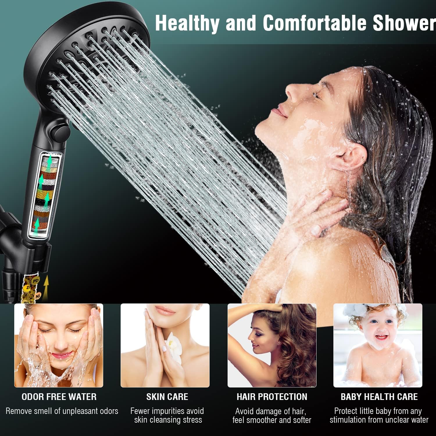 INAVAMZ Filtered Shower Head with Handheld, 9 Spray Modes 2.5GPM High Pressure Showerhead with ON OFF Pause Switch, 15 Stage Water Softener Filter for Hard Water Remove Chlorine and Harmful Substances