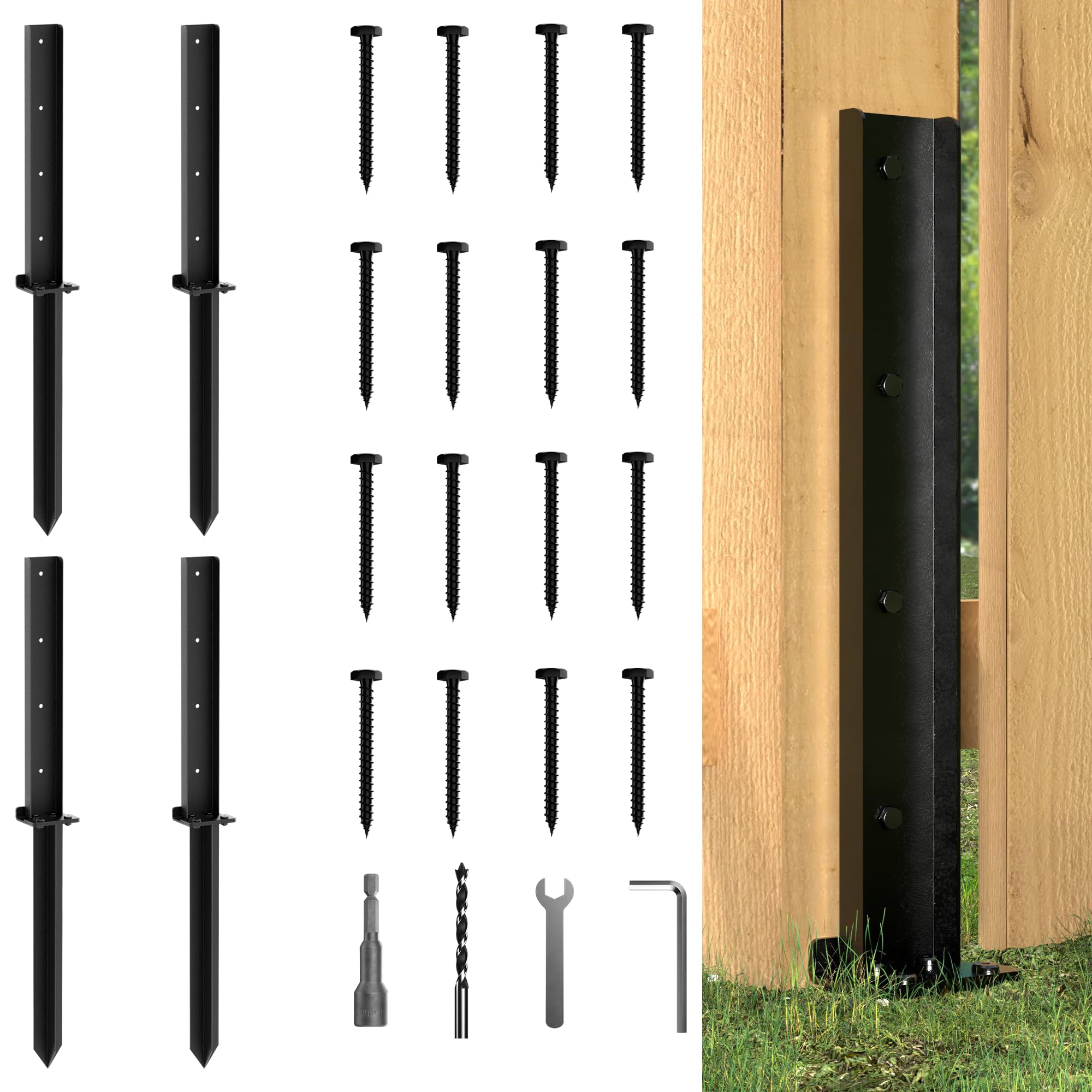 skysen4 Pack Fence Post Repair Kit, Fence Post Stabilizer with Anchor Ground Spike, Fence Post Support, Repair Stakes Anchor - Your Ultimate Post Buddy Fence Repair Solution(FPRK-4)