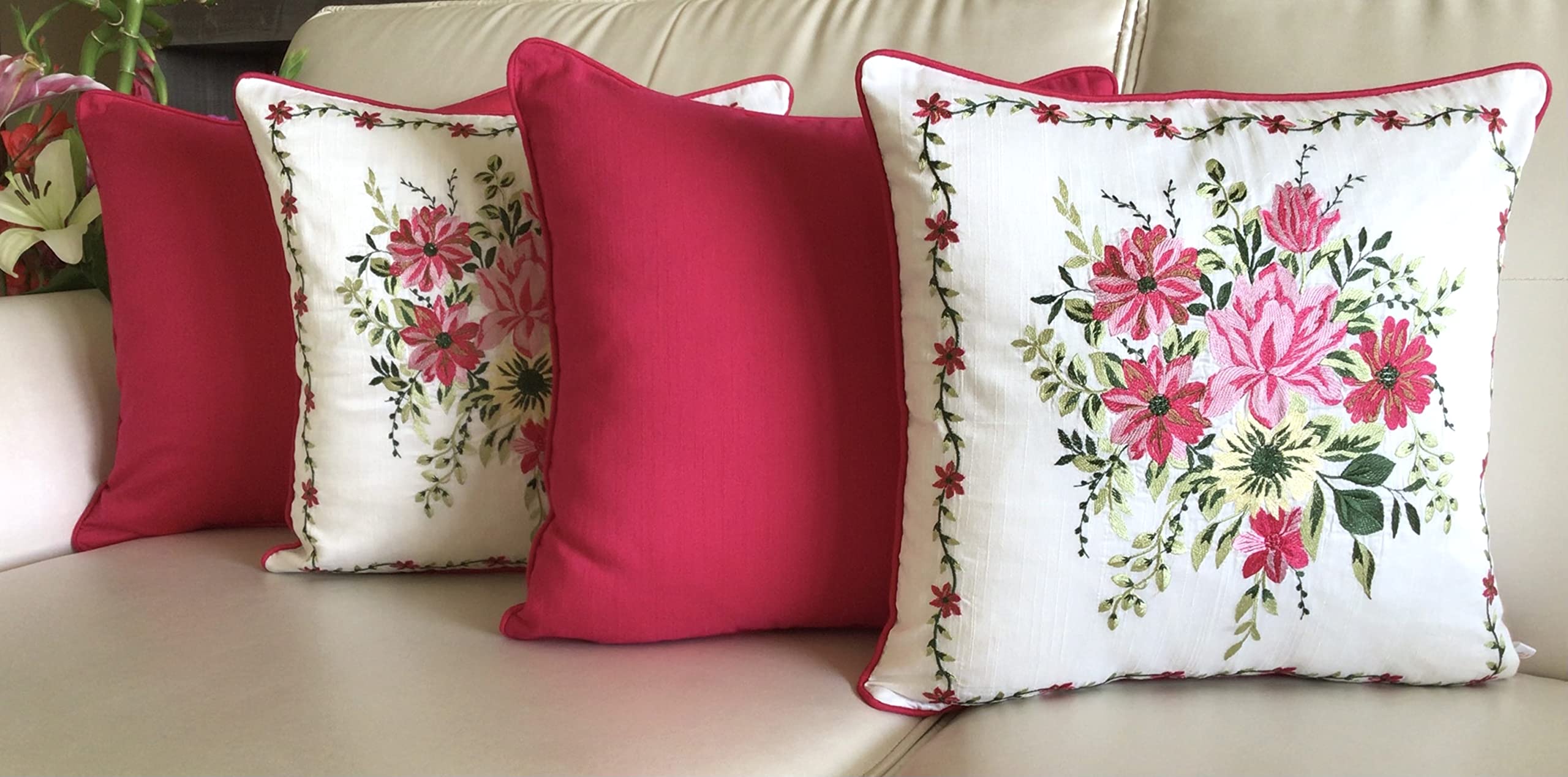 TARA- Sparkling Homes Embroidered Cushion Covers 18 x 18 Inches Set of 4, My FAIR Lady with Solid Plains (18 x 18 Inches, Fuchsia Pink)-image-36
