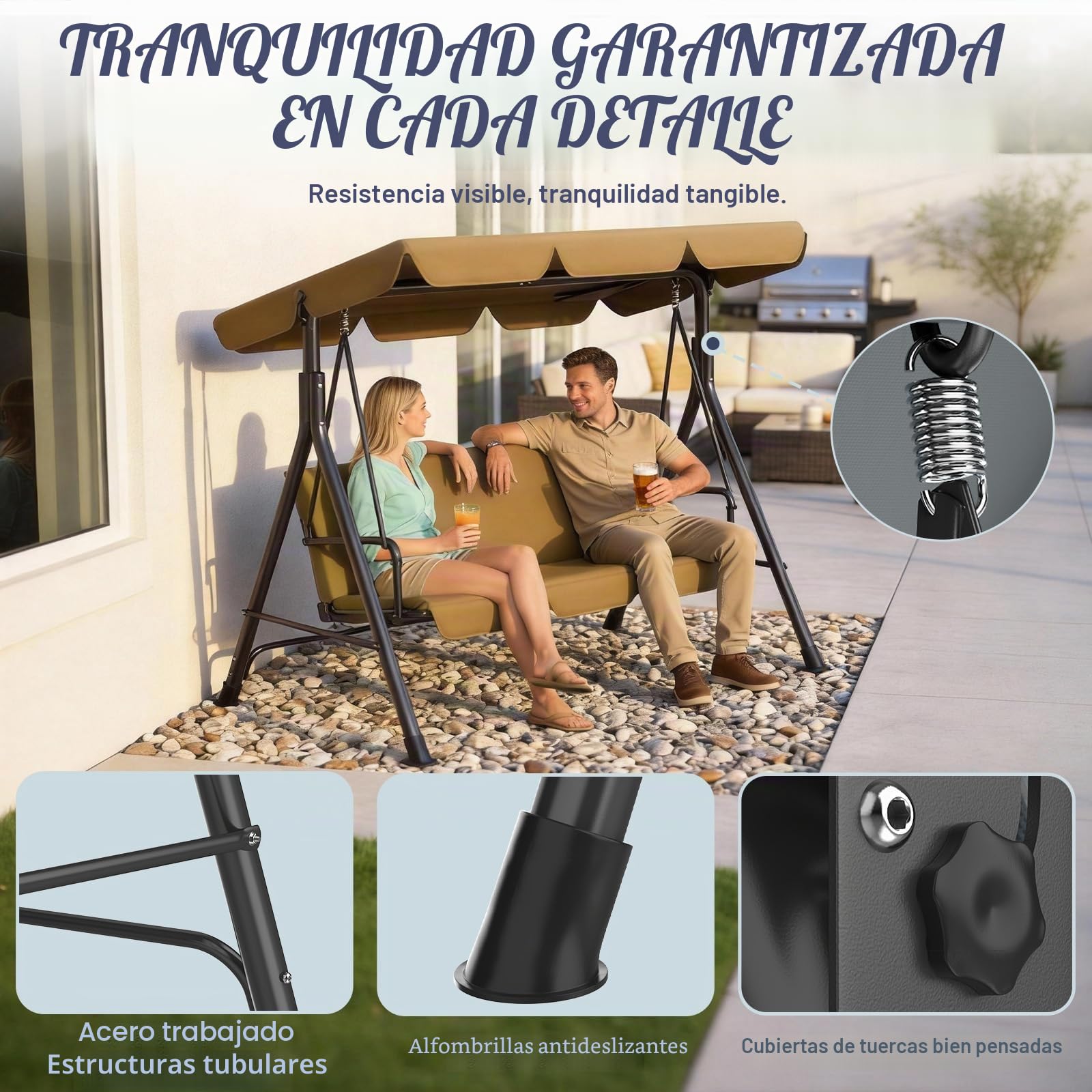 Huracan Balancín de jardín de 3 plazas, con toldo ajustable, patas antideslizantes, resistente a la intemperie, estructura de metal estable, banco mecedor, soporta hasta 200 kg, color marrón