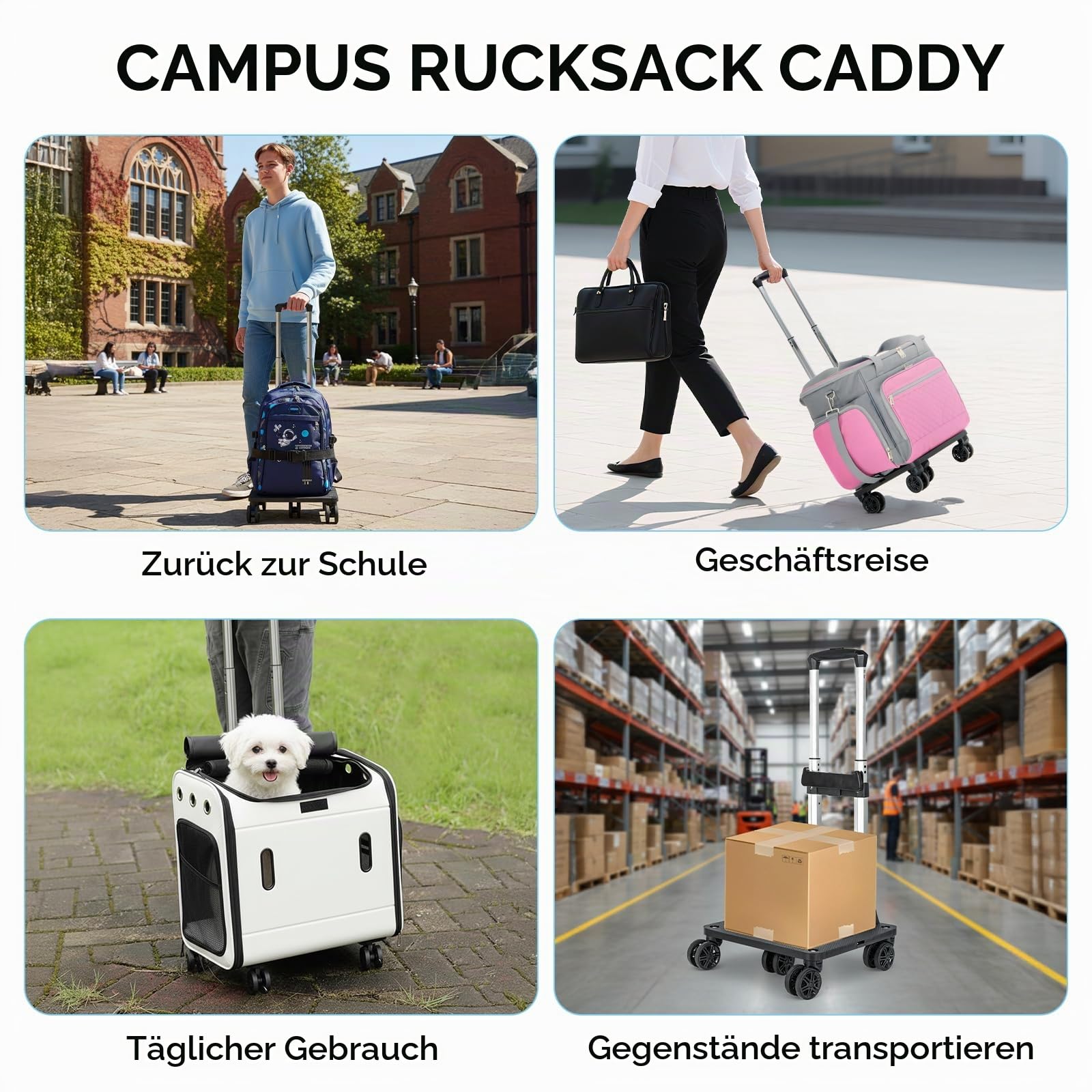 Amythe Faltbarer Trolley für Schulrucksack, 5 Räder Trolley mit 2 Gurten