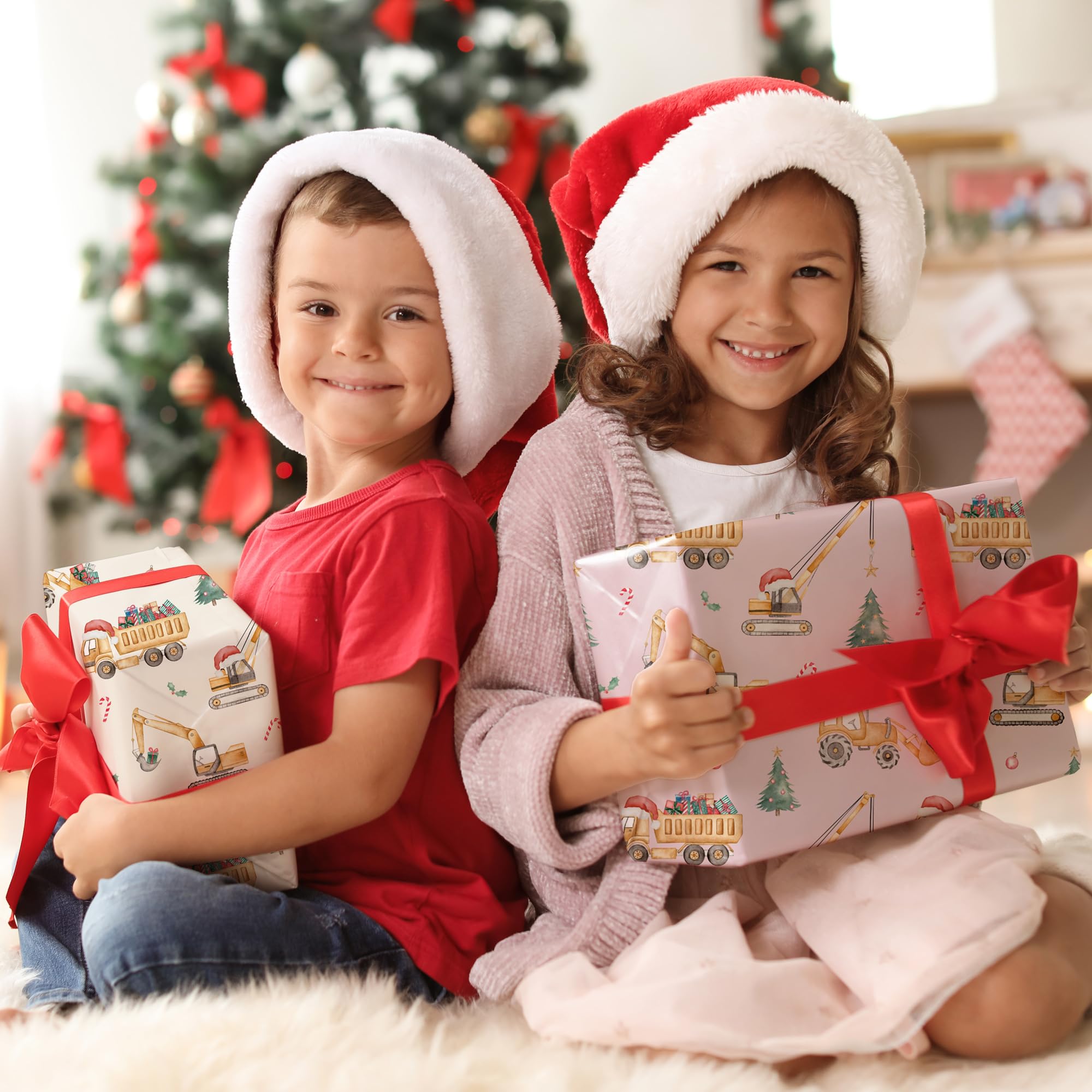 Condition photo showing New/Like New for SaringSwoon Pink Construction Christmas Wrapping Paper for Kids - Holiday Wrapping Paper with Dump Trucks, Cranes, Excavators with Santa Hats & Gifts, Christmas Tree - 40×28 Inches, 4 Folded Sheets