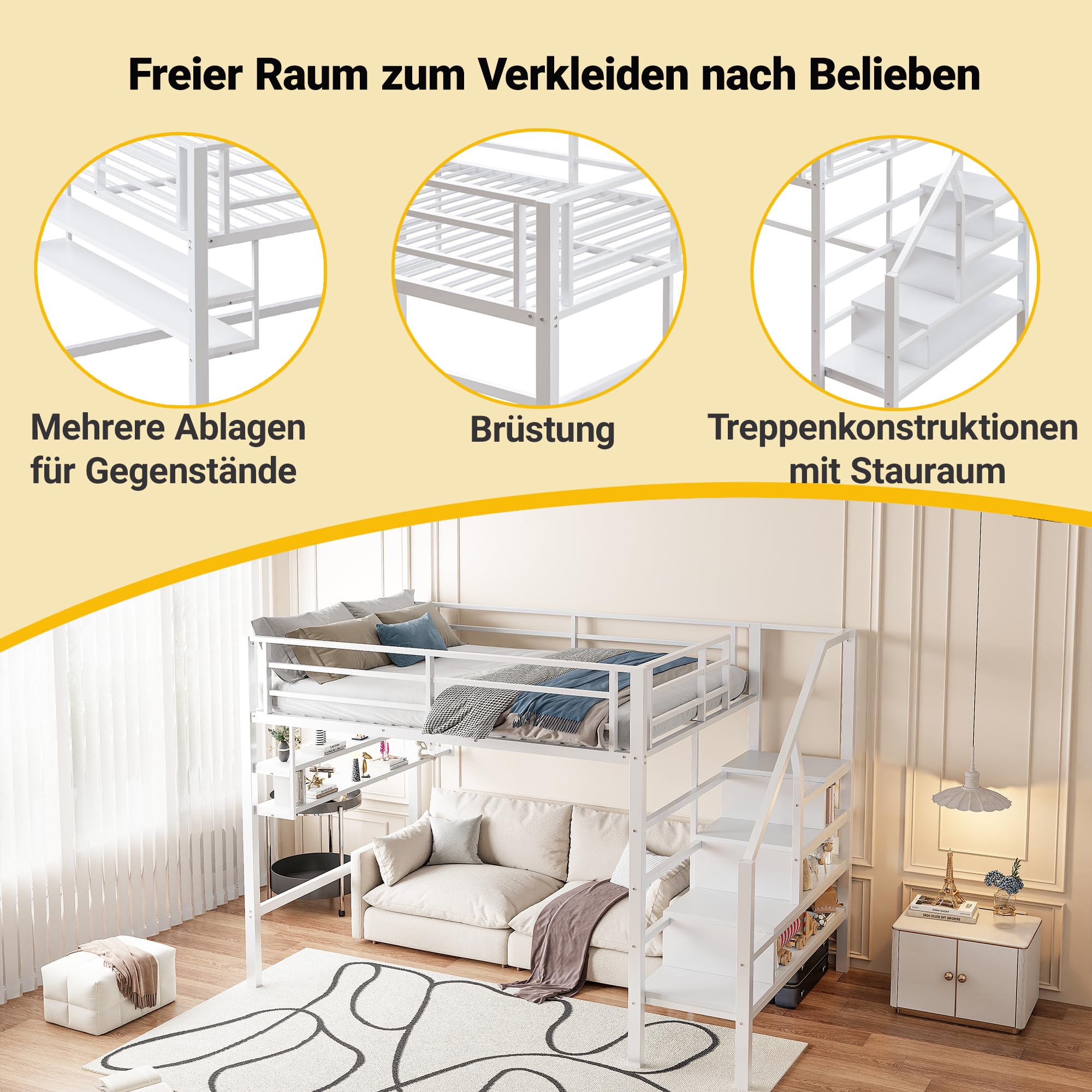 Letto per bambini a soppalco 140 x 200 cm, letto in metallo/ferro con protezione anticaduta e rete a doghe, scala di sicurezza con ripiano, letto a castello letto per ragazzi letto funzionale con