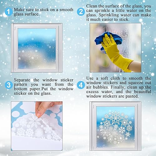 Miniatura 7 de AnyDesign 9 hojas de calcomanías navideñas para ventana, diseño de copo de nieve, calcomanías de doble cara para decoración de ventanas de Navidad,