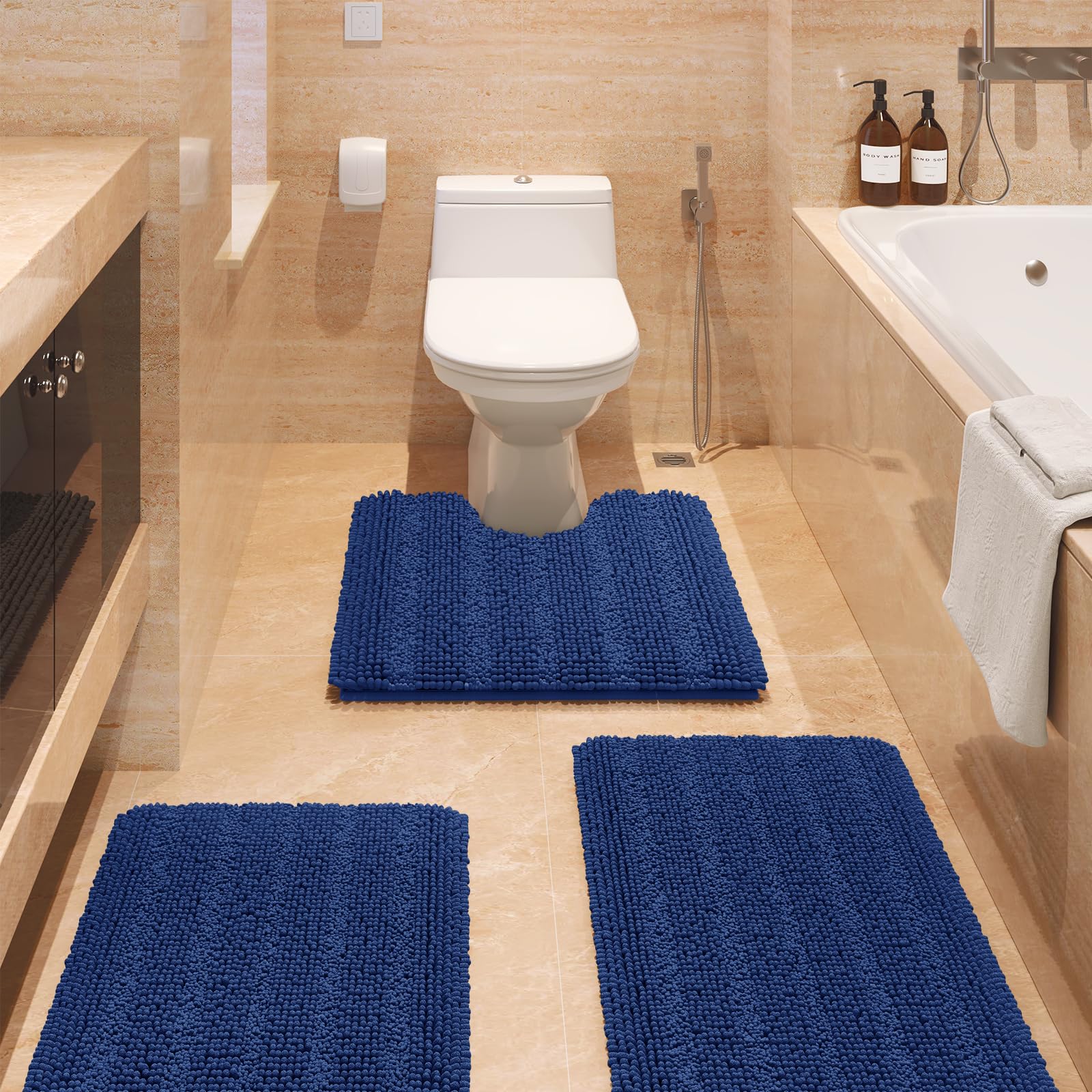 Striped Denim Blue Bathroom Rug Set 3 Pieces Ultra Soft, Non Slip Chenille Bath Carpet, Absorbent Plush Shaggy Bath Mats for Bathroom, Toilet, Bedroom