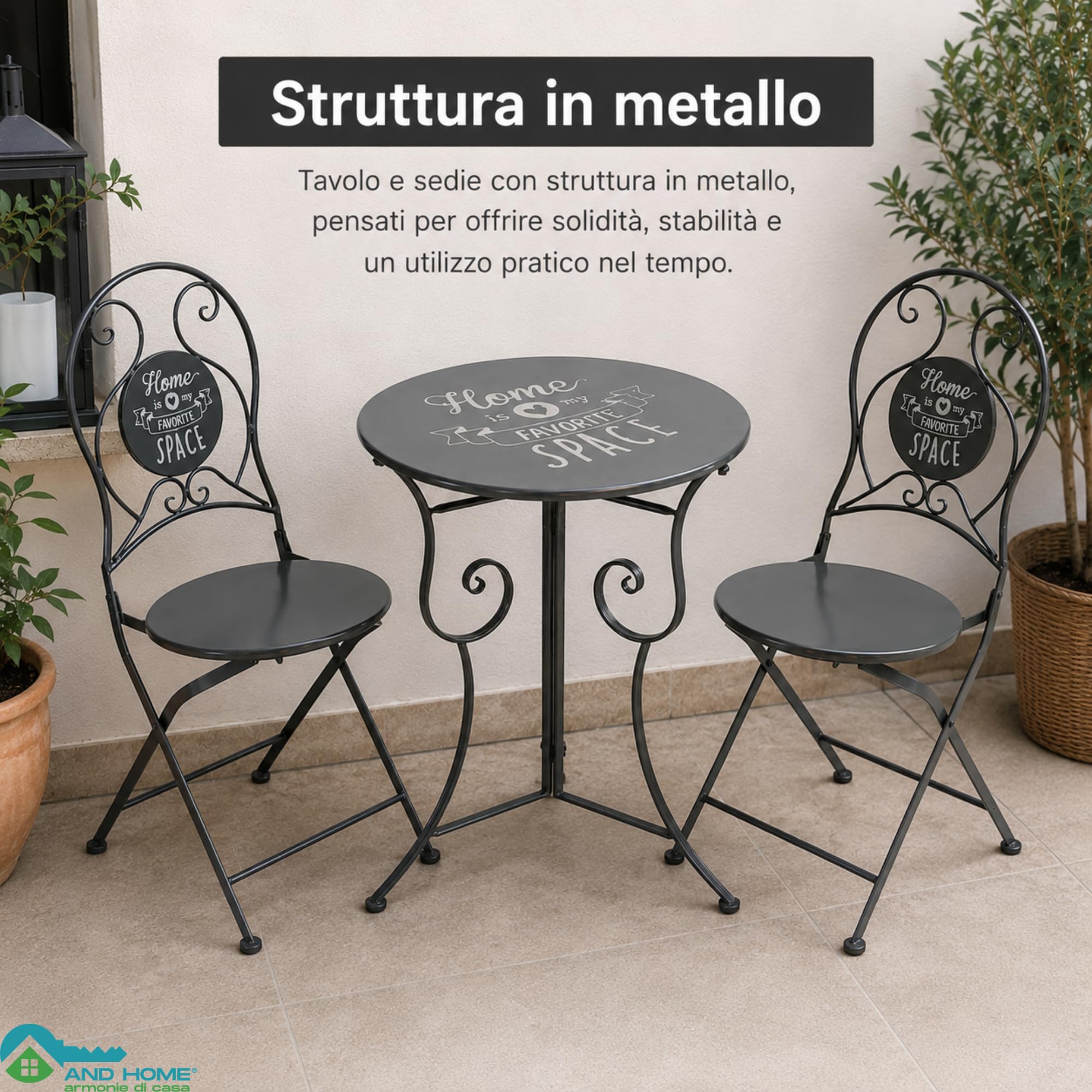 Tavolo e Sedie da Esterno con Tavolino Rotondo e 2 Sedie (Bistrot Fiore) | Struttura in metallo, colore grigio, tavolo Ø60 cm, ideale per balcone terrazzo veranda giardino
