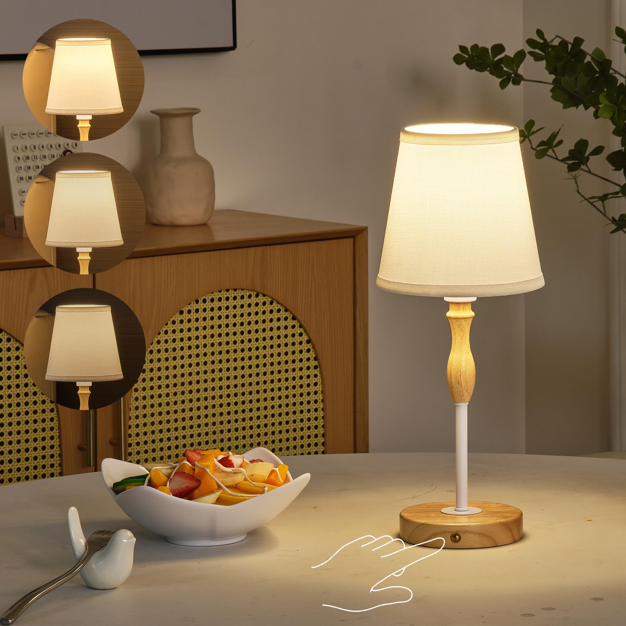 Lámpara de mesa inalámbrica, batería recargable de 4000 mAh, lámpara de noche LED táctil portátil de 3 niveles de brillo, lámpara de mesita de noche de metal y madera con pantalla de tela para