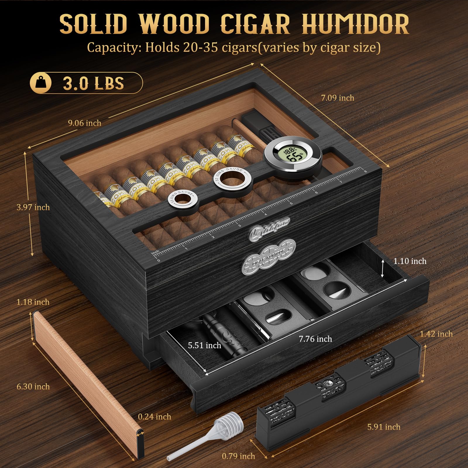 LIHTUN Zigarren Humidor, Glas Top Desktop Humidor Box, Zigarren Geschenke für Männer, Zedernholz Zigarrenkoffer mit Digital Hygrometer, Luftbefeuchter, Messskala und Zigarren Zubehör Schublade