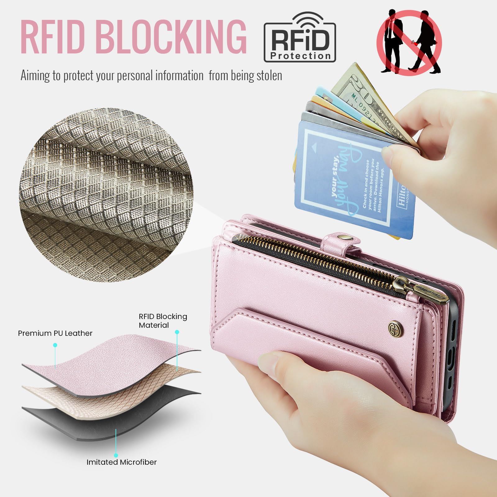 Etui portfelowe na iPhone'a 17 Pro, z 7 przegródkami na karty, blokujące RFID, magnetyczne zamknięcie, kieszeń na rachunki gotówkowe, wysokiej jakości skóra PU, z paskiem na nadgarstek