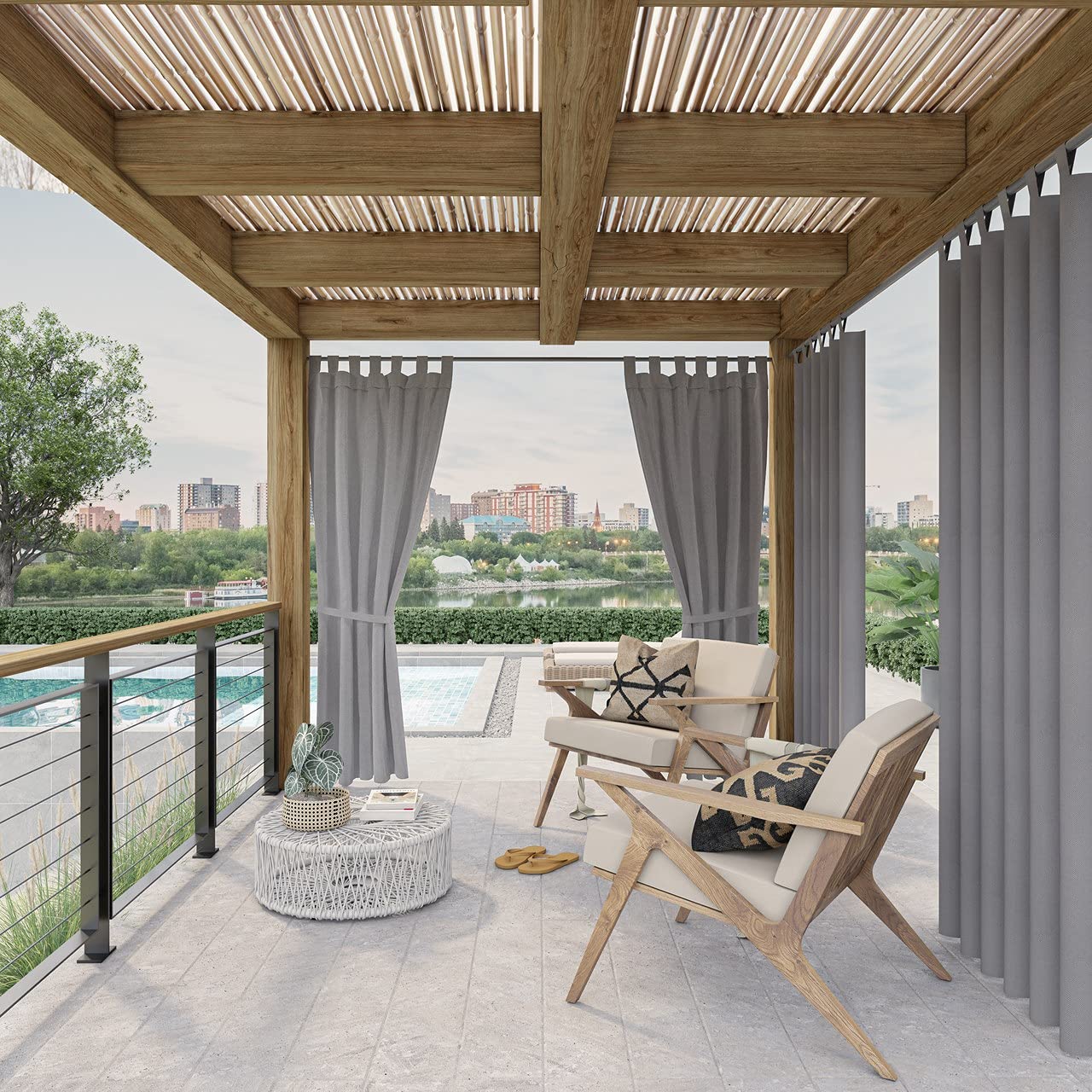 chilly pilley Vorhänge Wasserabweisend Outdoor Vorhang für Balkon Terrasse und Garten Sonnenblende Sichtschutz Außenvorhang Winddicht Sonnenschutz (1,5x2,2m, Grau)