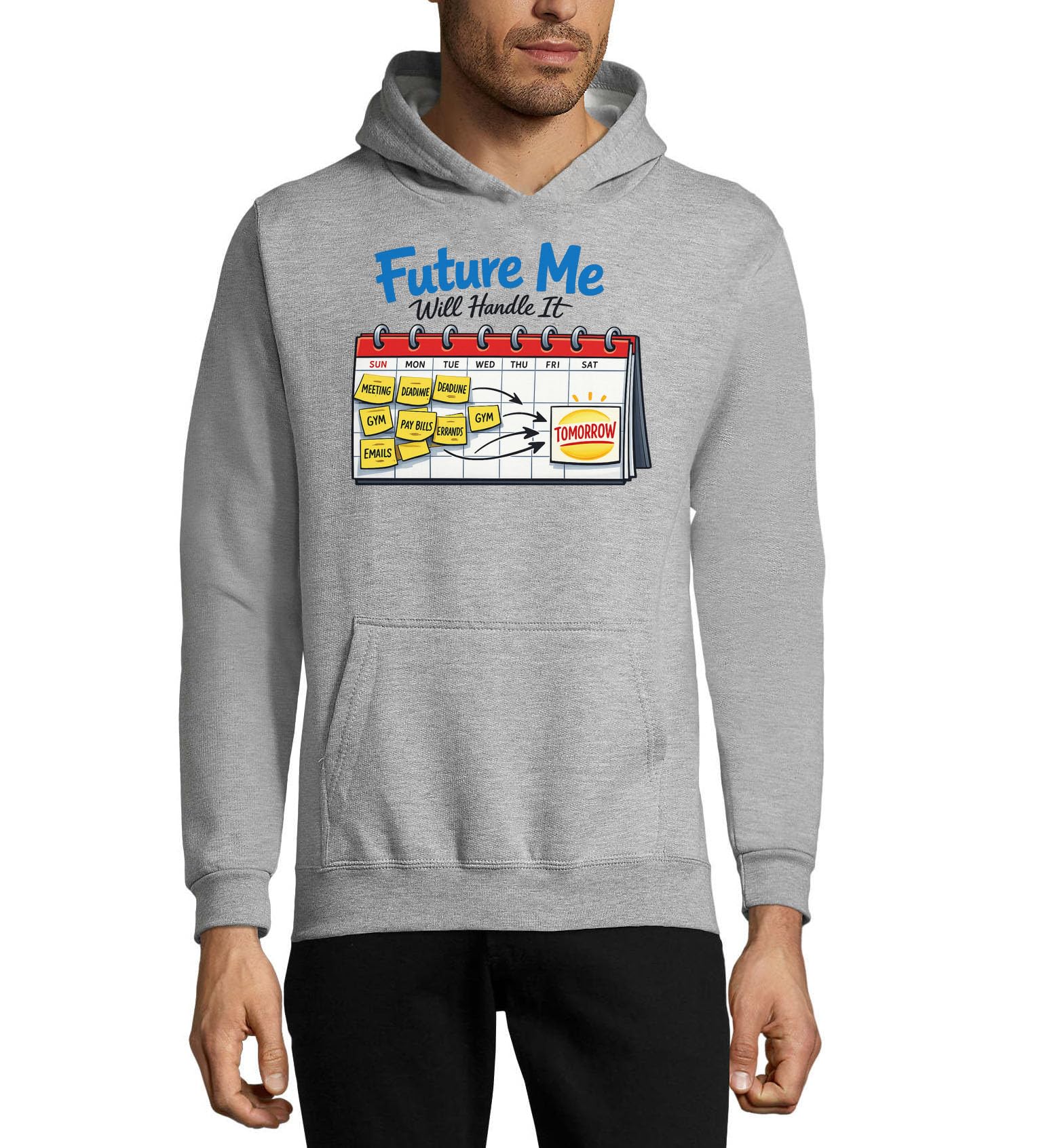 Procrastination Illustrated on Weekly Calendar Felpa con cappuccio unisex misto cotone grigio