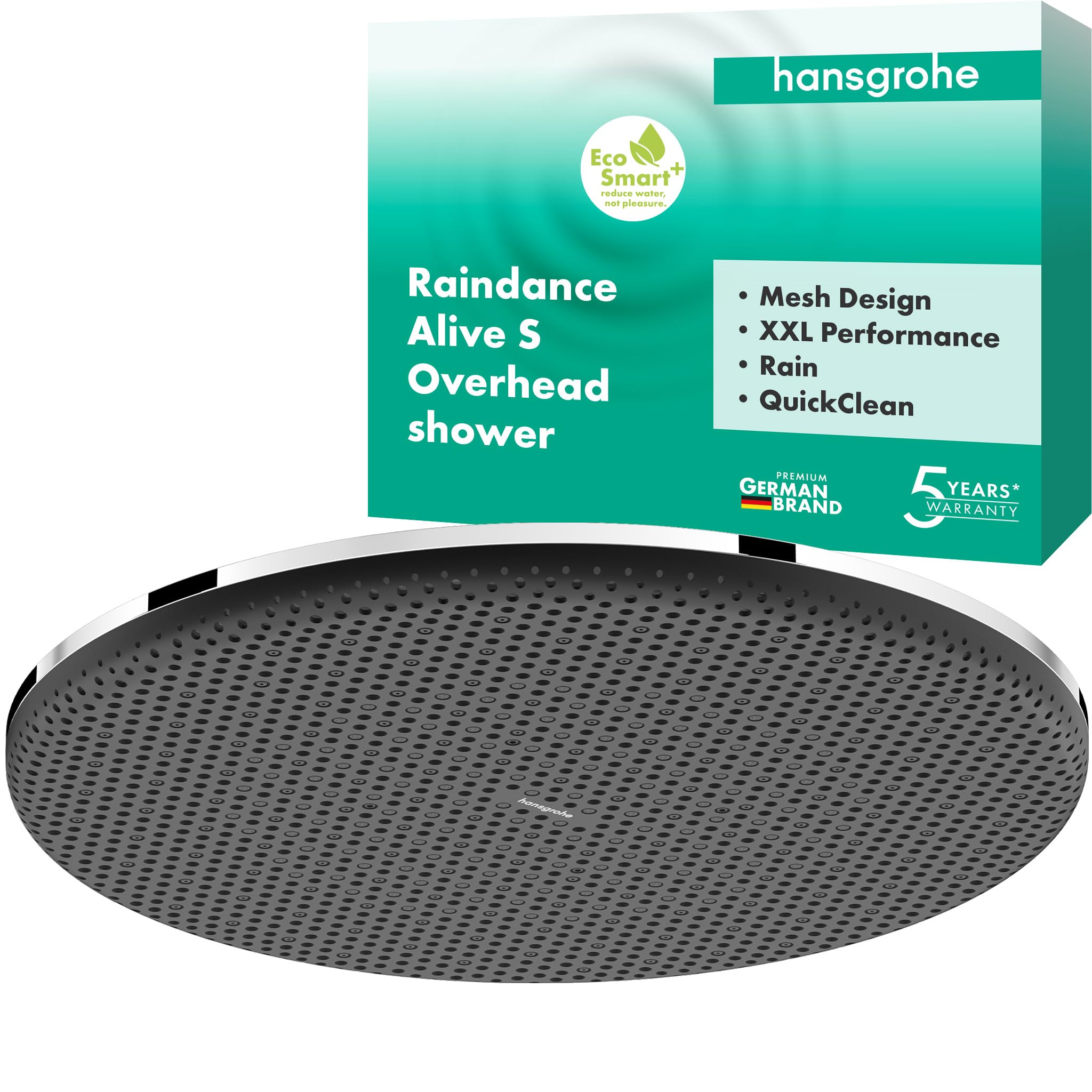 hansgrohe Raindance Alive S - wassersparende Kopfbrause max. 6 l/min (EcoSmart+), runde Duschbrause (300 mm), Regendusche mit 1 Strahlart für Wand- oder Deckenmontage, Chrom, 24523000