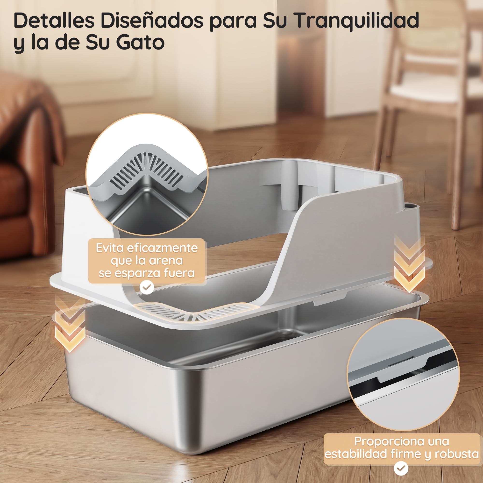JUMMICO Arenero Acero Inoxidable Gatos, con Entrada Antigoteo, Robusto y Resistente a los Arañazos, Fondo Antiadherente Fácil de Limpiar,60L Caja de Arena para Gatos Grande con Pala y Bolsas de Basura