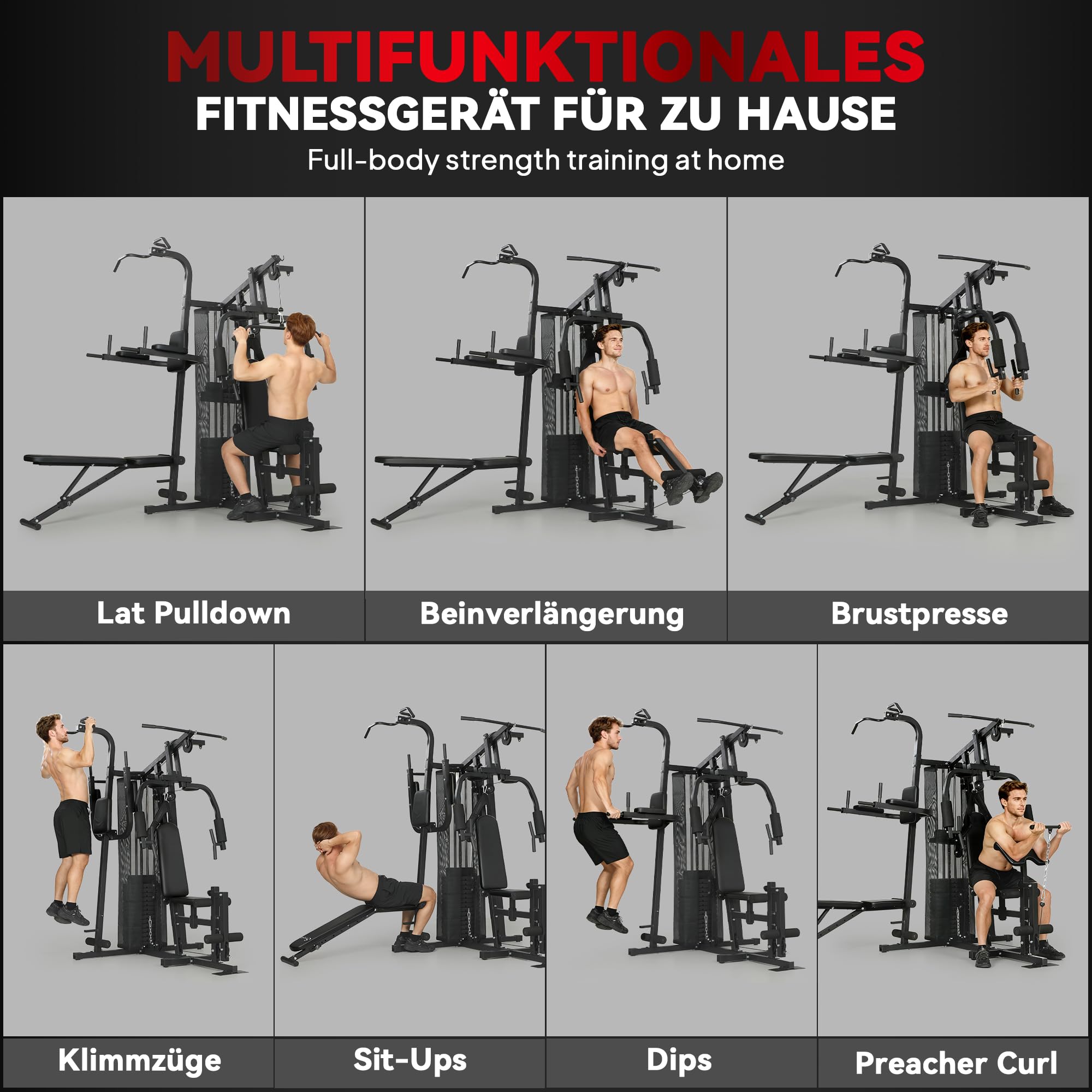 SPORTNOW Kraftstation Fitnessstation mit Latzug Butterflystange 69kg Gewichten, Seil, verstellbar Bank, Multifunktion Multistation bis zu 120kg belastbar Fitnessgerät Trainingsstation für Zuhause