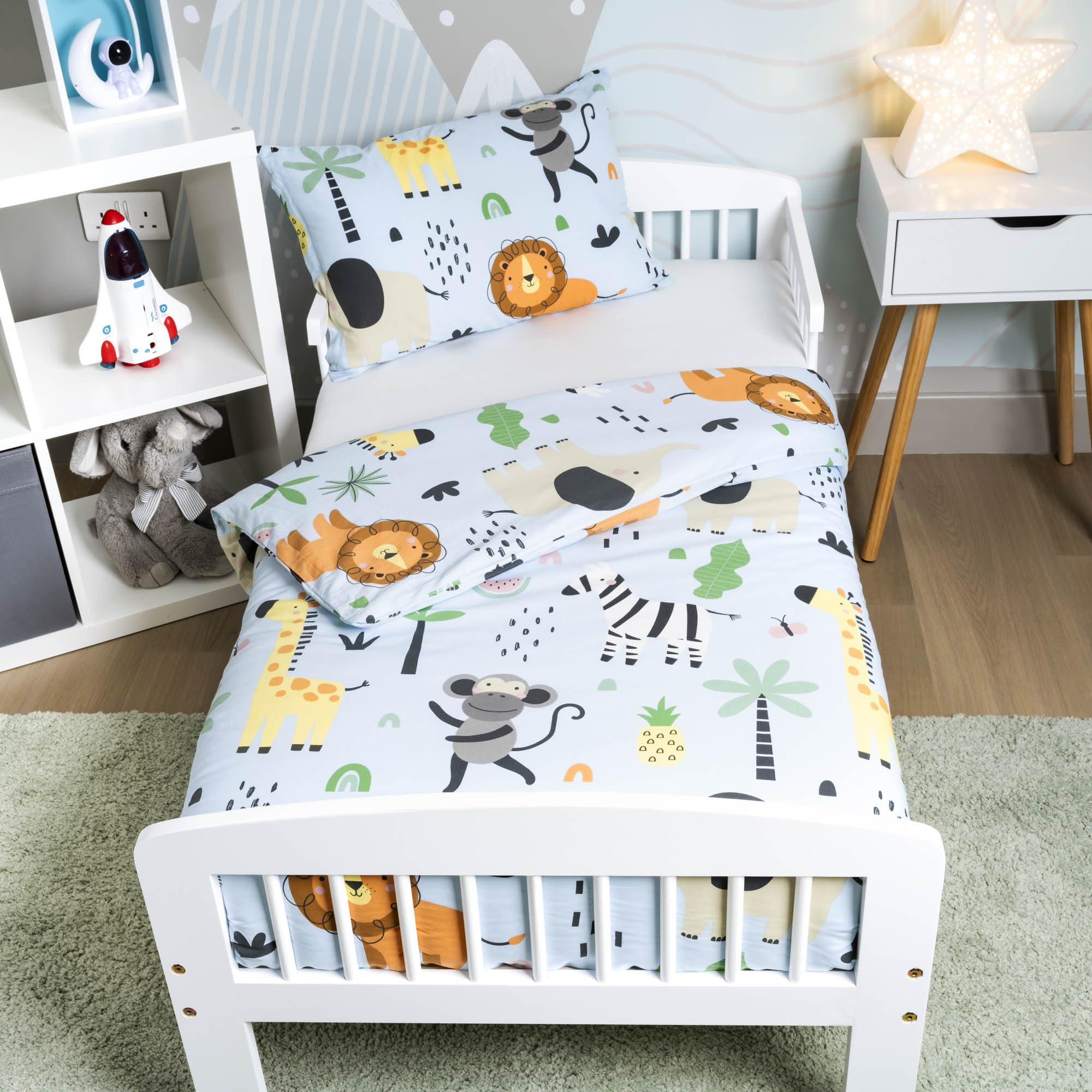 Pościel dziecięca 100 x 135 ze 100% bawełny ze zwierzętami w zoo – komplet pościeli dziecięcej i niemowlęcej dla chłopców z poszewką na poduszkę i kołdrę w kolorze niebieskim (100 x 135 i 40