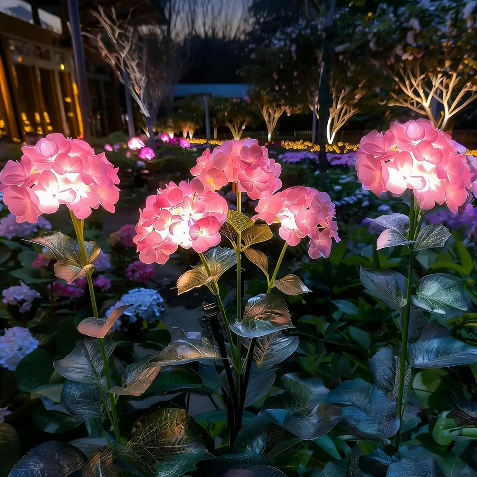 2PCS Fairy Hydrangea Lights, Solar Garden Lights Outdoor, Colorful Hydrangea Flower Light with 2 Modes & 3 Flowers, Realistic Hydrangea Solar Lights, Waterproof Decorative Light for Garden (Pink)