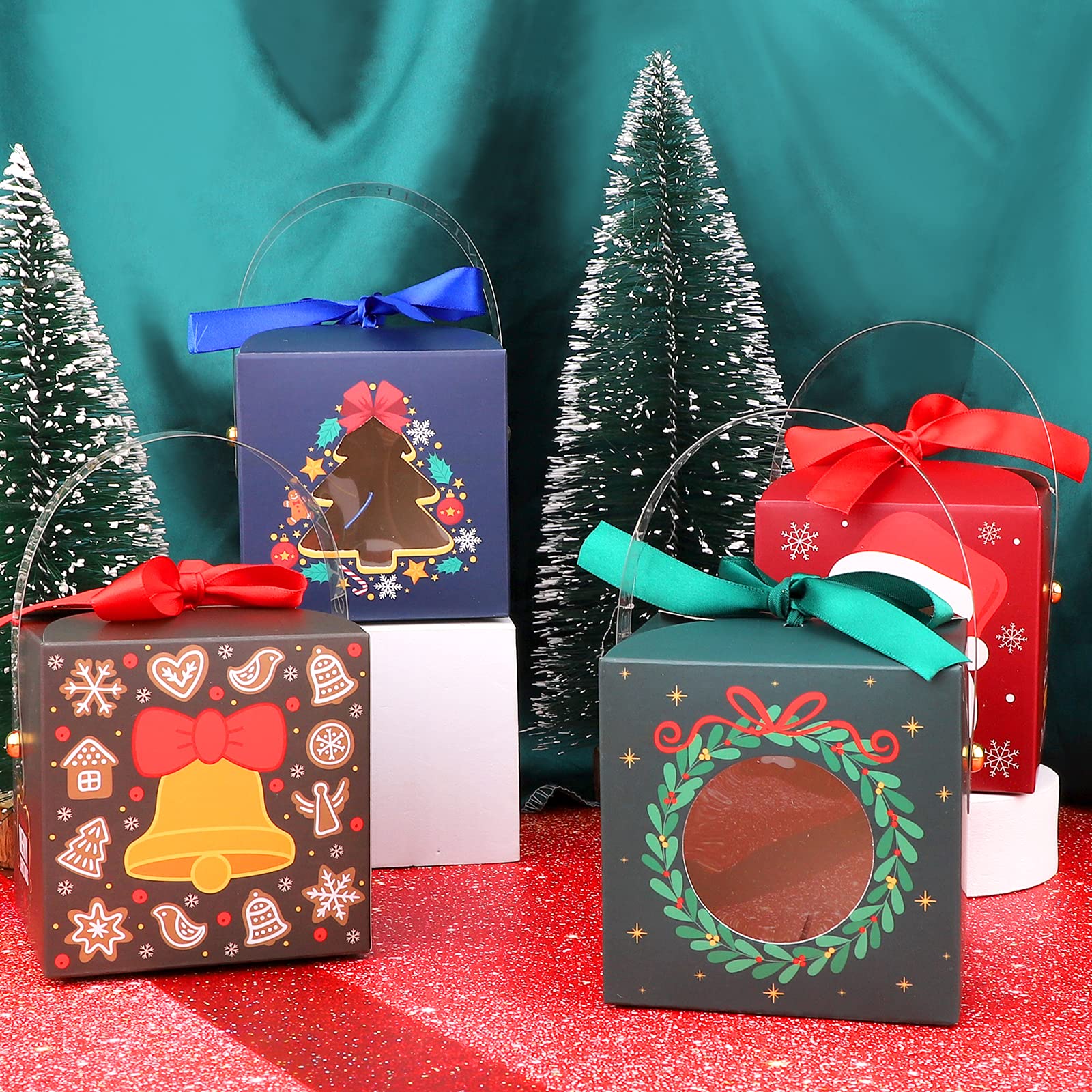 24 Pezzi Scatole di carta natalizie Scatole da Regalo di Natale con manico trasparente e finestra Scatole di caramelle Scatole di biscotti di Natale con nastro per feste di Natale