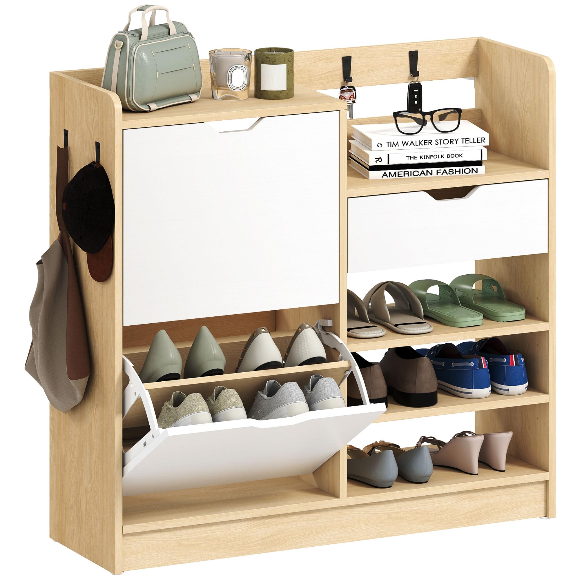 HOMCOM Schuhschrank mit 2 Klappen, Multifunktional Schuhkipper, Schuhregal mit offenen Fächern, verstellbar Trennwand, Haken Schuhkommode für 14 Paar Schuhe 93 x 30 x 90 cm, Natur