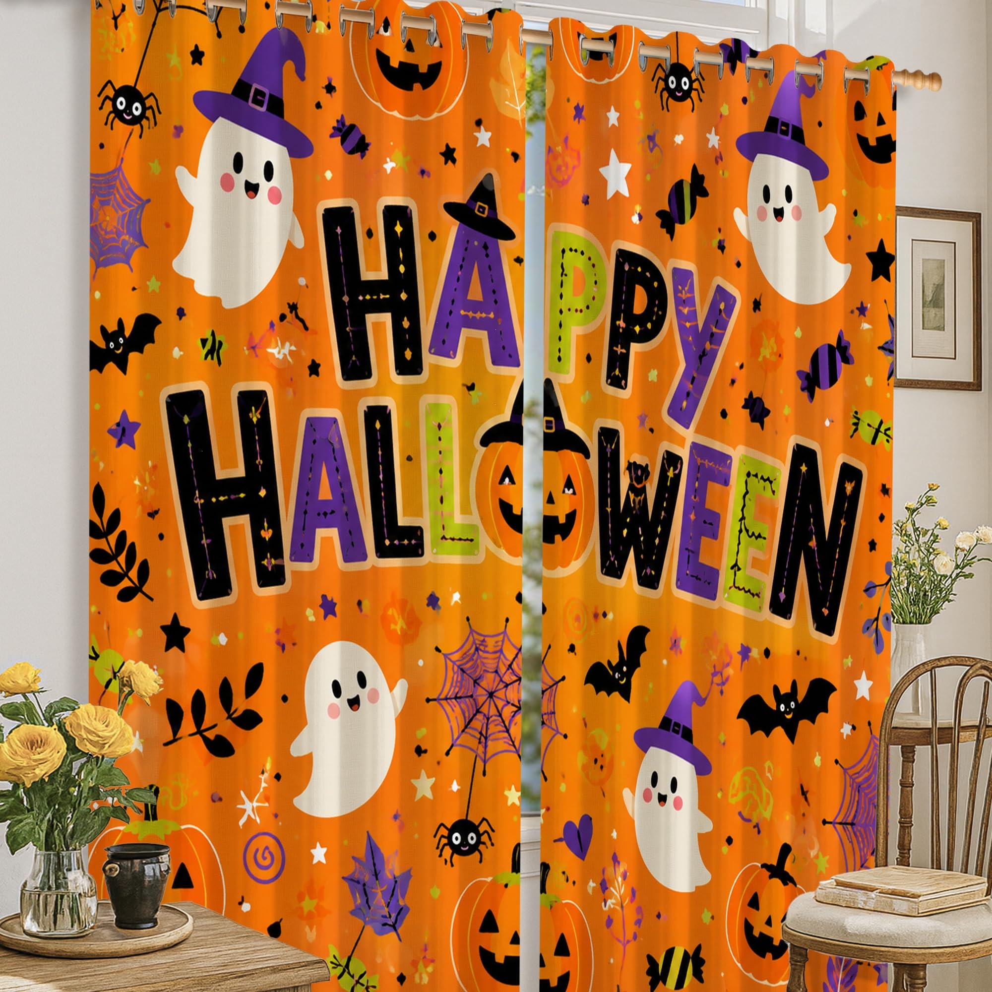 Rideaux occultants Halloween orange et motif fantôme pour salon - 132 x 160 cm