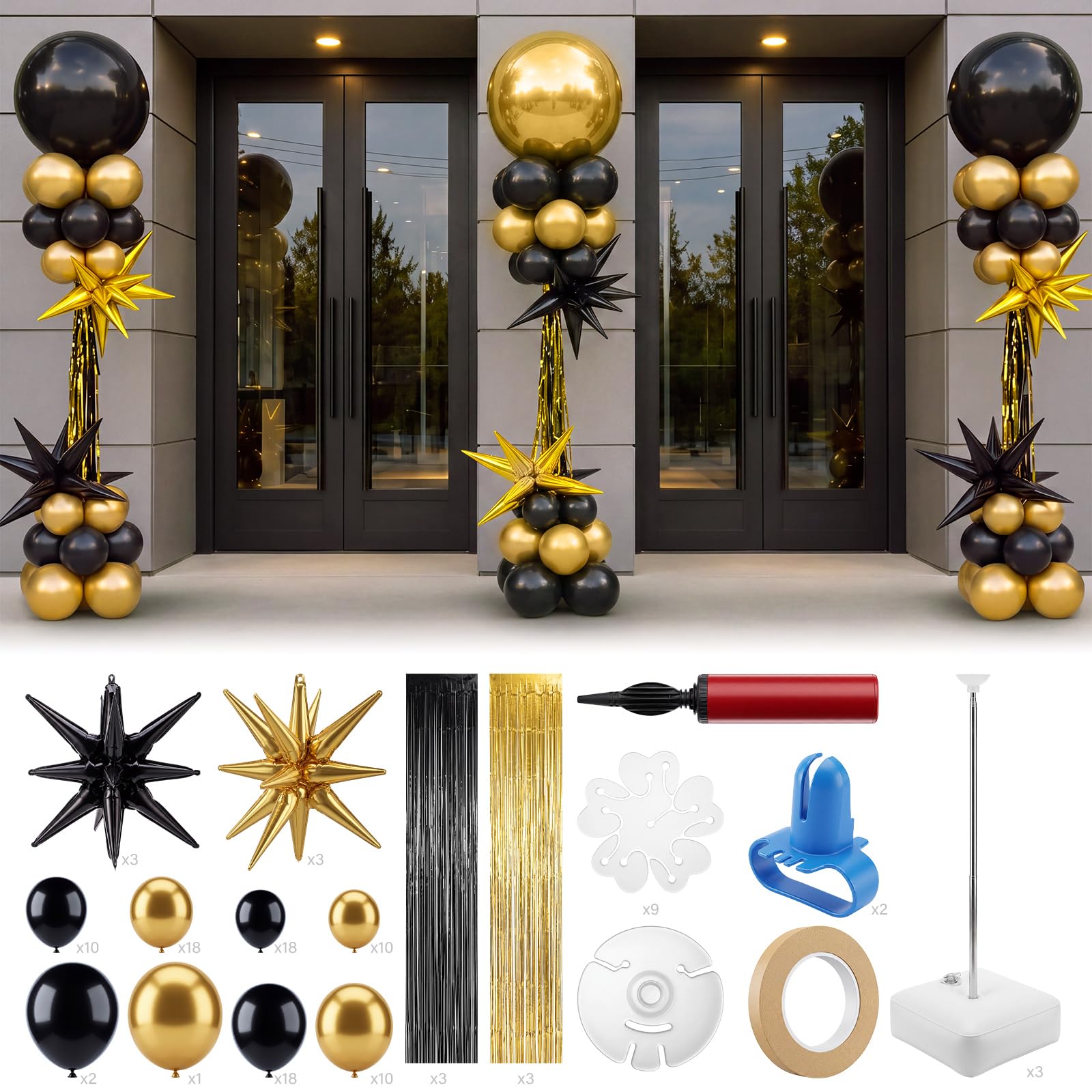Blueweenly Juego de 3 soportes de columna negro y dorado con 93 globos ajustables con bases para decoración de graduación negra y dorada para 50 cumpleaños, boda, compromiso, fiesta de regreso a la