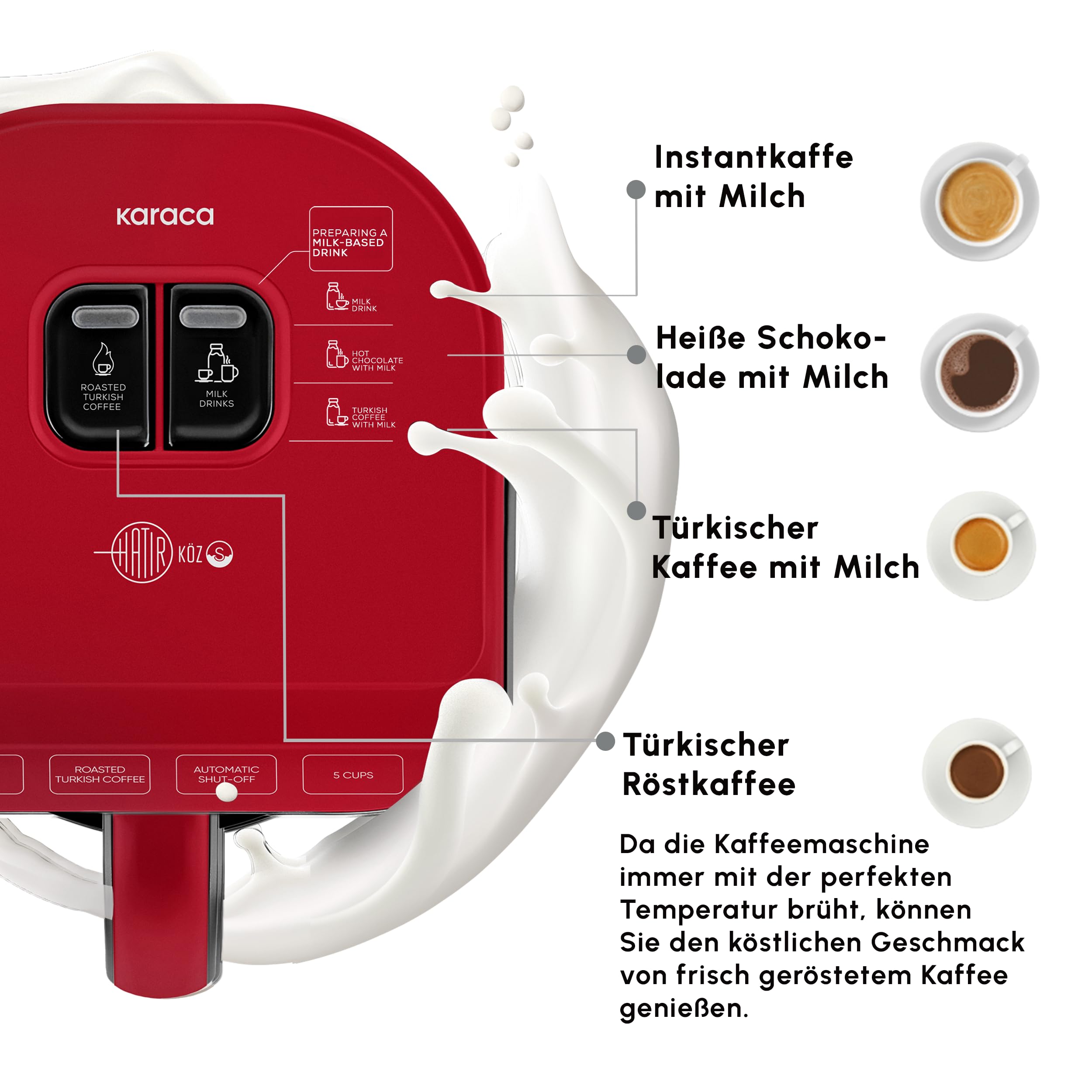 Karaca Hatır Köz turecki ekspres do kawy, pojemność 300 ml, przygotowuje 5 filiżanek kawy po turecku, automatyczne wyłączanie i regulacja temperatury, autentyczny smak węgla drzewnego, 535 W, czerwony