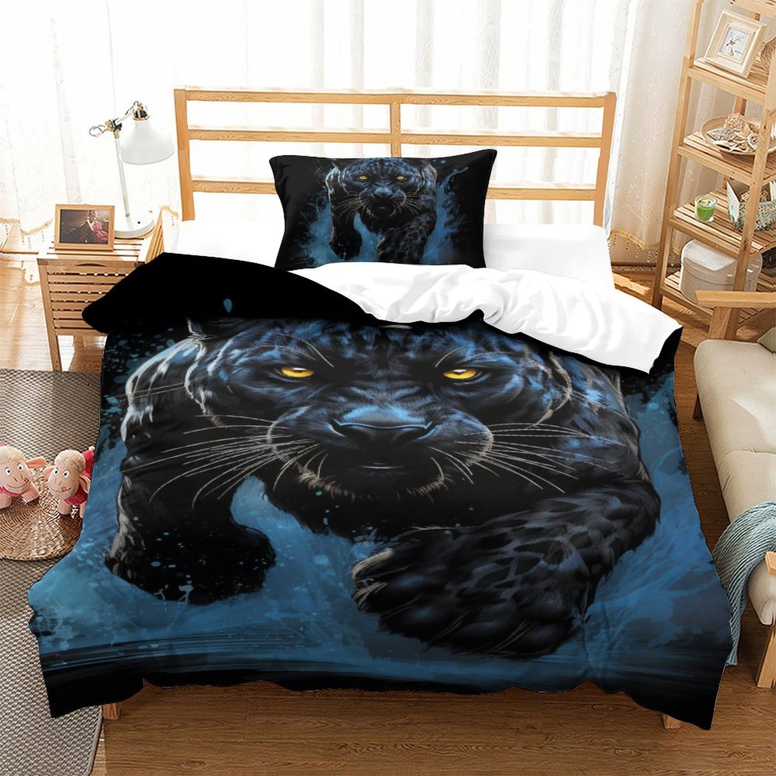 Housse de couette panthère noire 135x200cm zippée et infroissable en microfibre respirante 2 pièces