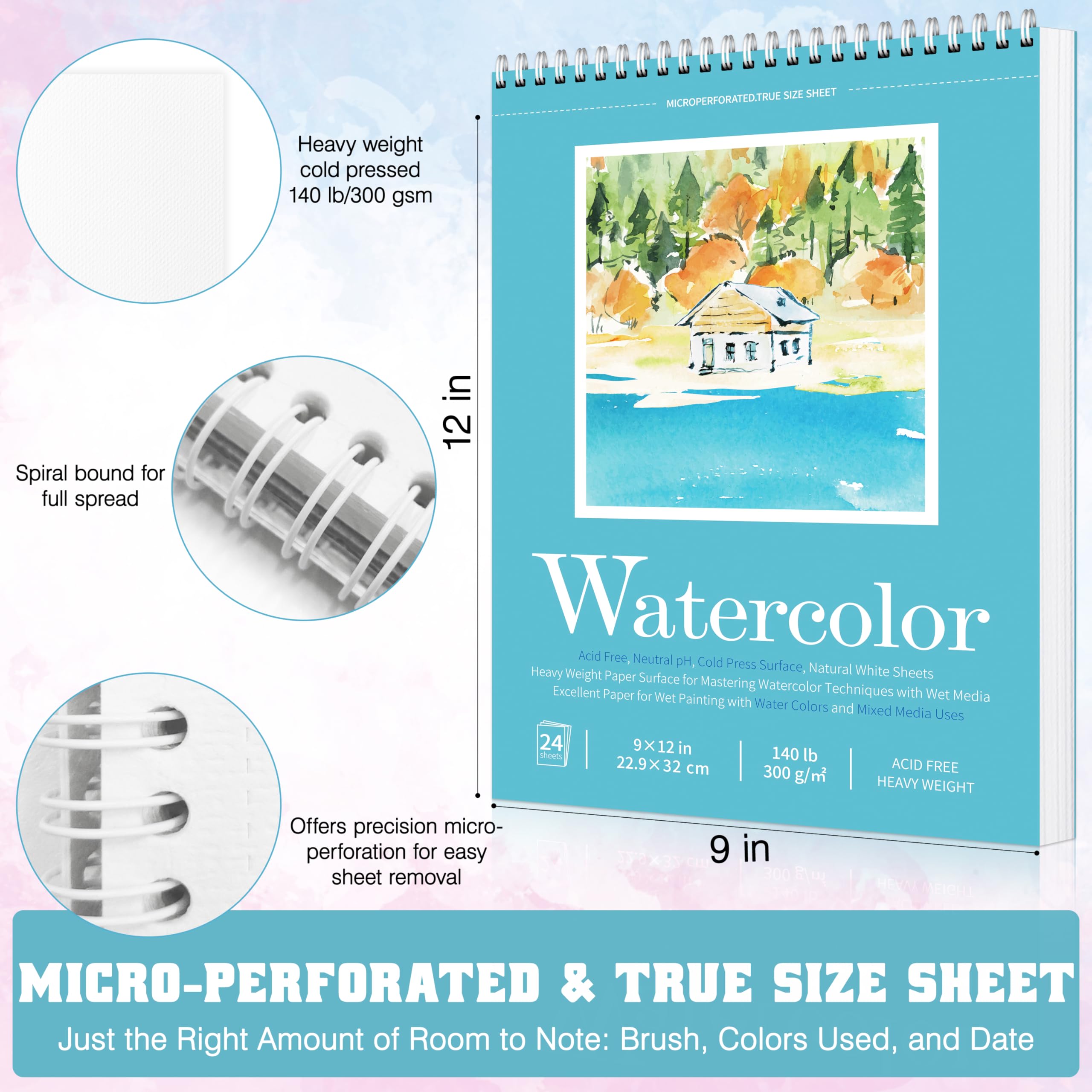 Carnet de croquis aquarelle 22,9 x 30,5 cm, 63,5 kg/300 g/m², carnet de croquis à spirale pour adultes et enfants, marqueurs et journal d'art