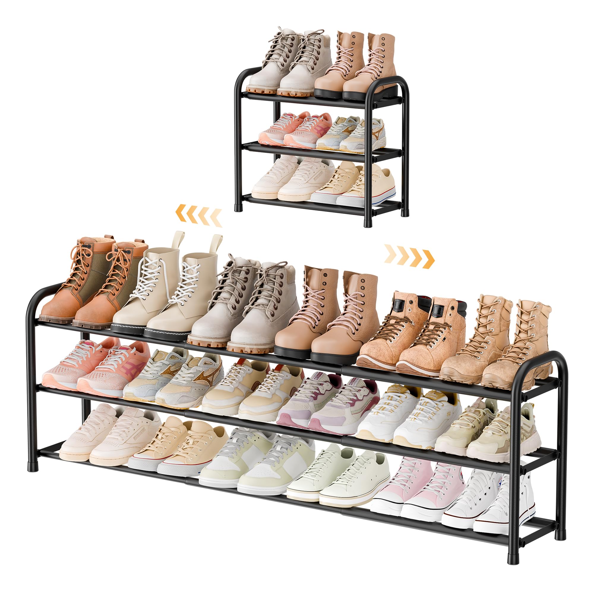 ENJOYBASICS Expandable Shoe Rack, 3 Levels, Adjustable Metal Shoe Storage, 45 to 118 cm, Black Shoe Rack, Space Saving for Hallway, Hallway
