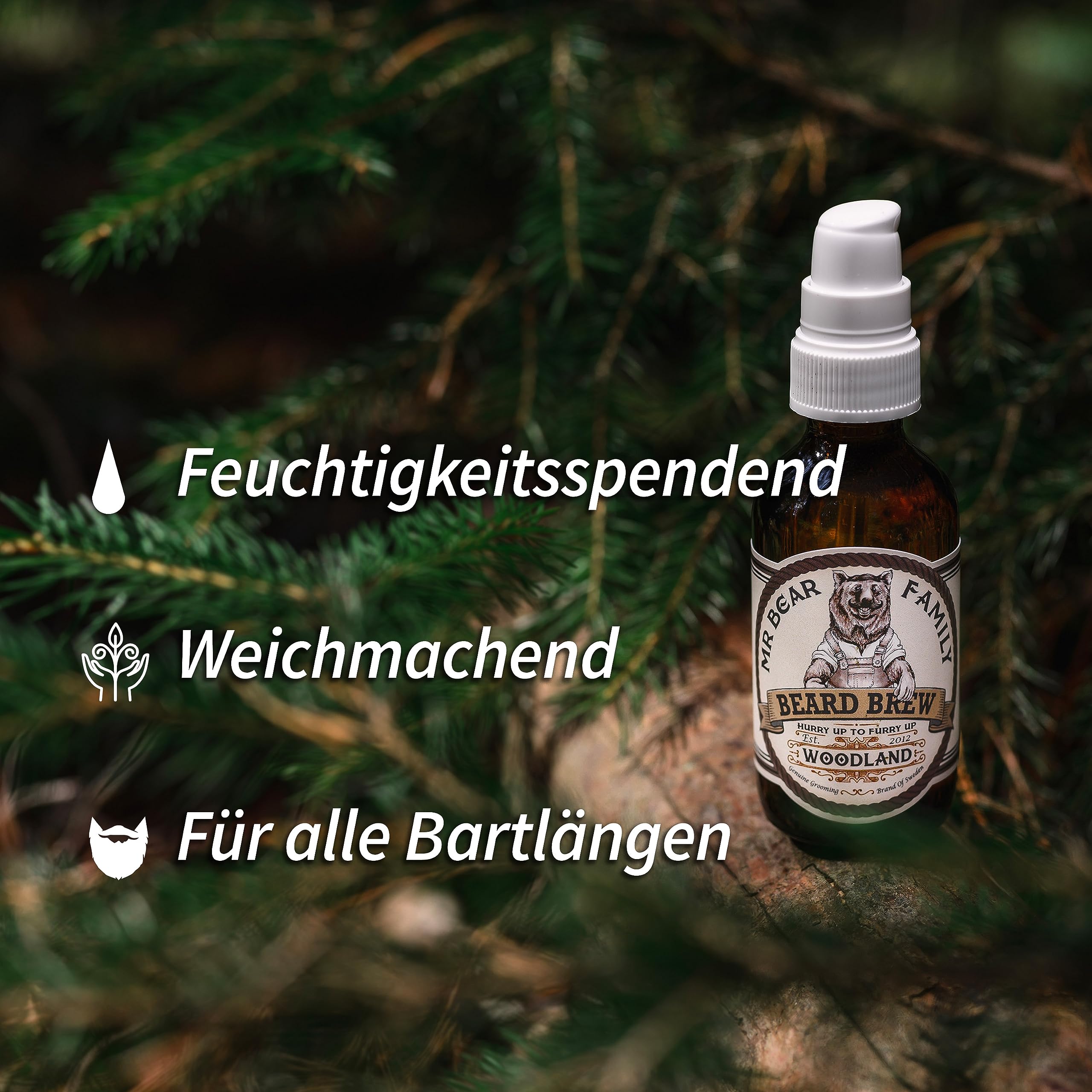 Mr Bear Family Bartöl Herren - Woodland - pflegt und unterstützt Bart Wachstum - nährreiches Bartpflege Öl mit Jojoba und Argan - Bart Öl Man - Moisturizer Beard Oil for Men 30ml
