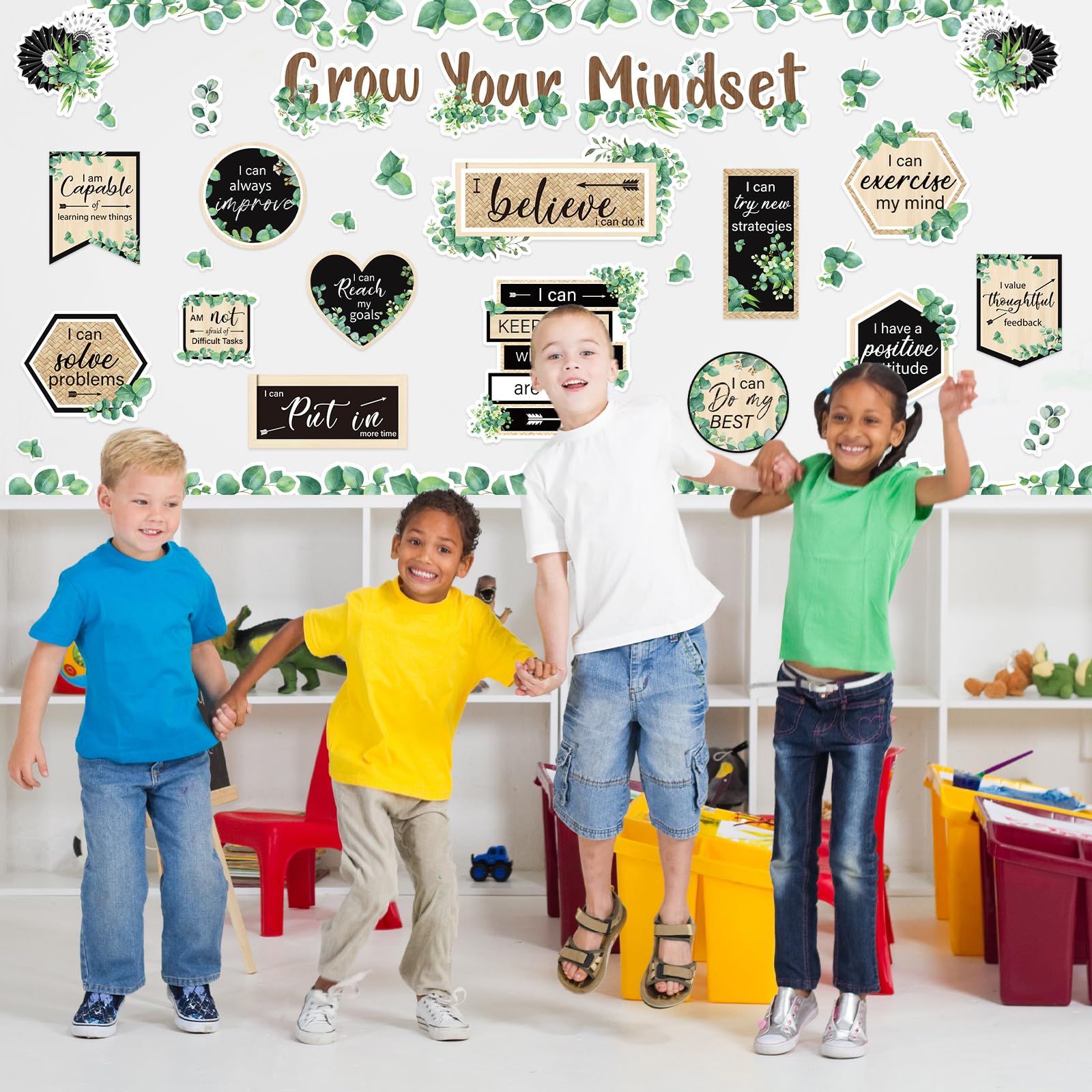 FYSUIMU Juego de 42 tableros de anuncios Grow Your Mindset, hojas de eucalipto, recortes de papel con 100 puntos de pegamento para fiestas de regreso a clases, decoración de pared