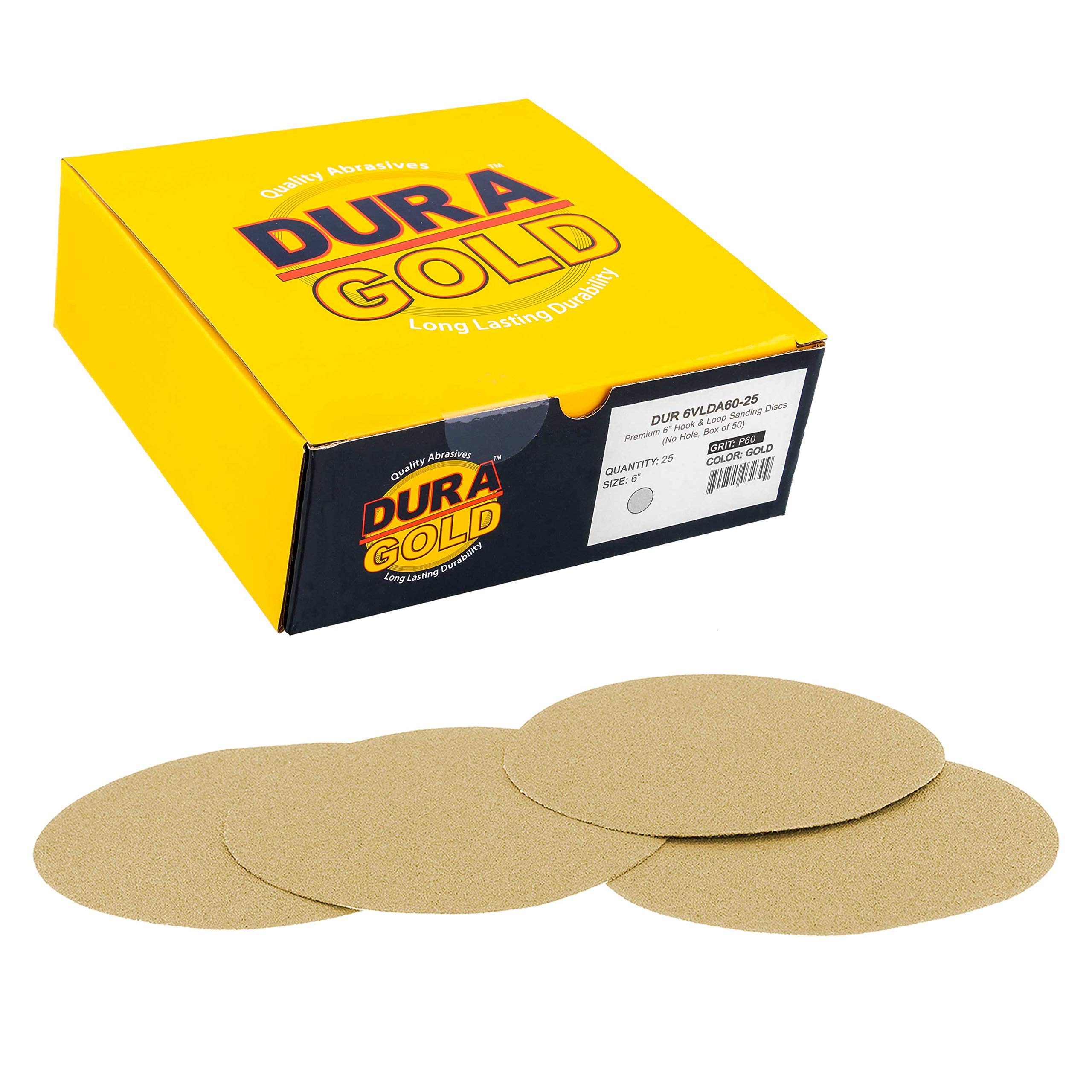 Dura-Gold Premium 60 Grit 6" Gold Sandpaper Discs, No Hole Pattern Dustless, Box of 25, Hook & Loop Backing for DA Sander, Finishing Coarse Sanding