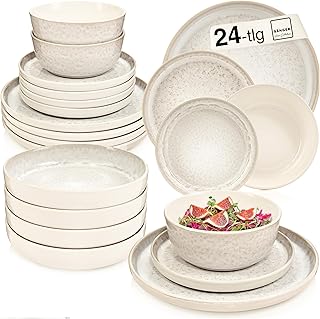 SÄNGER Key West Stoneware Crockery Set 24 Pieces, Plate Set for 6 People, 6 x Dinner Plates, Cereal Bowls, Dessert Plates, Pasta Bowls, Dinner Service Cream Colours with Sandy Grain Value Collection