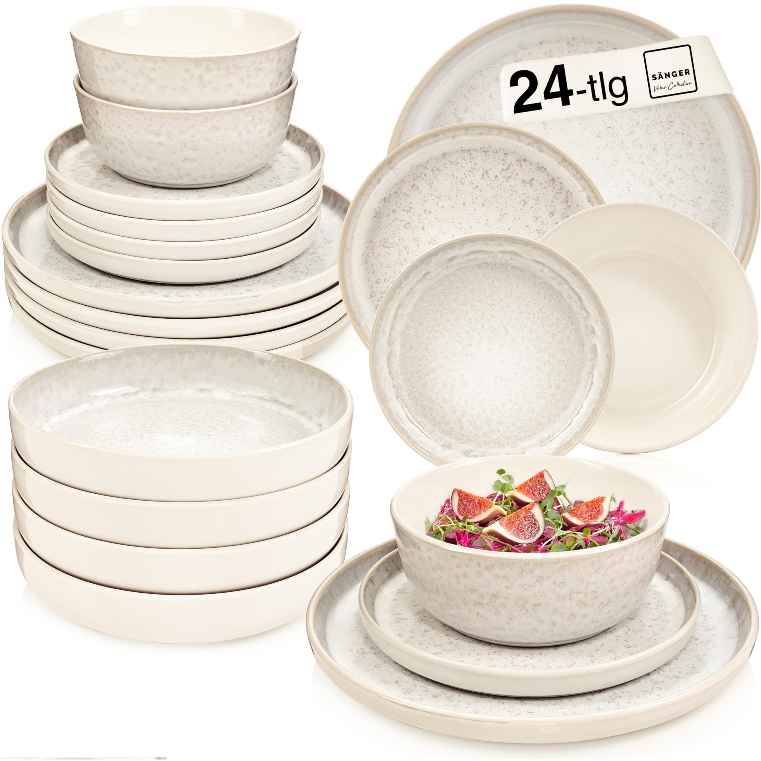 SÄNGER Key West | Steingut Geschirr Set 24 tlg, Teller Set 6 Personen, 6x Speiseteller, Müslischalen, Dessertteller, Pastaschalen, Tafelservice Creme Farben mit Sandiger Maserung | VALUE COLLECTION