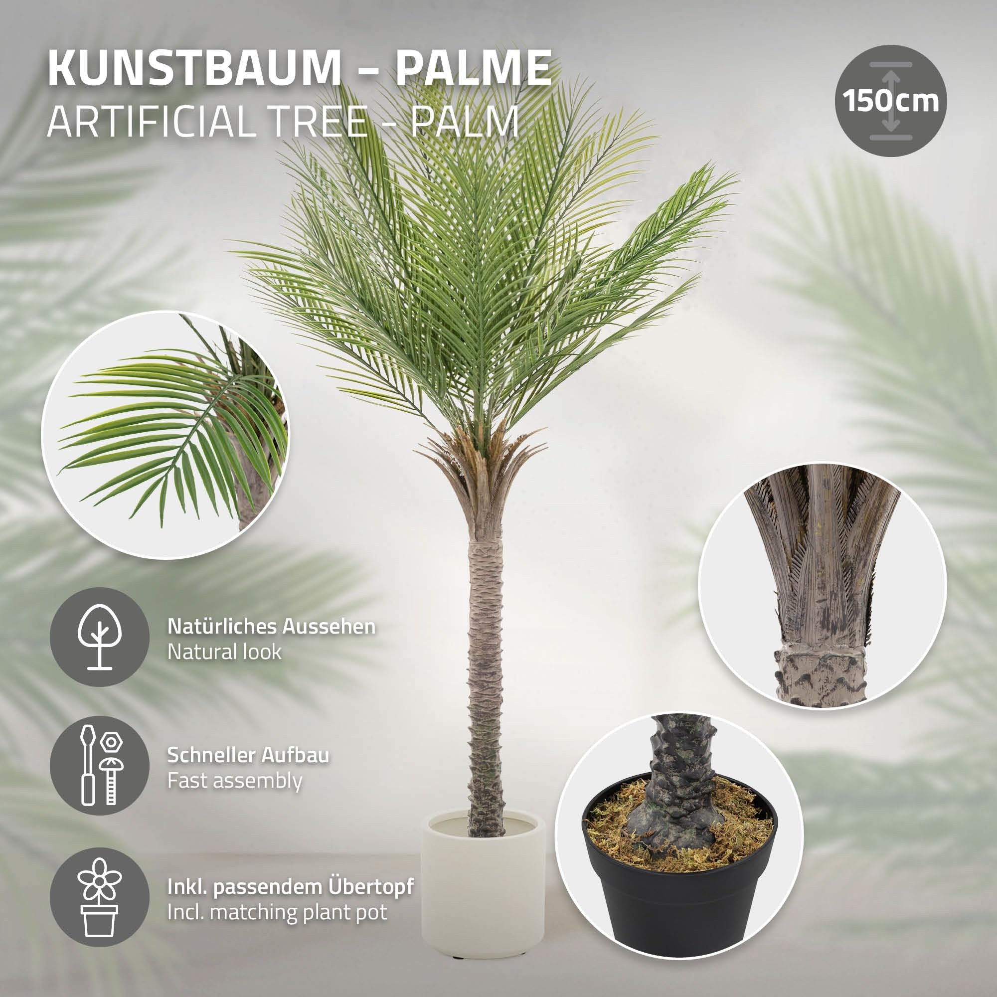 ML-Design Palma Artificiale 150 cm Piante Artificiali Grandi Piante Finte Tropicale Pianta Artificiale Decorazione in Plastica in Vaso per Interni/Esterni Albero Artificiale Come Vero per Soggiorno