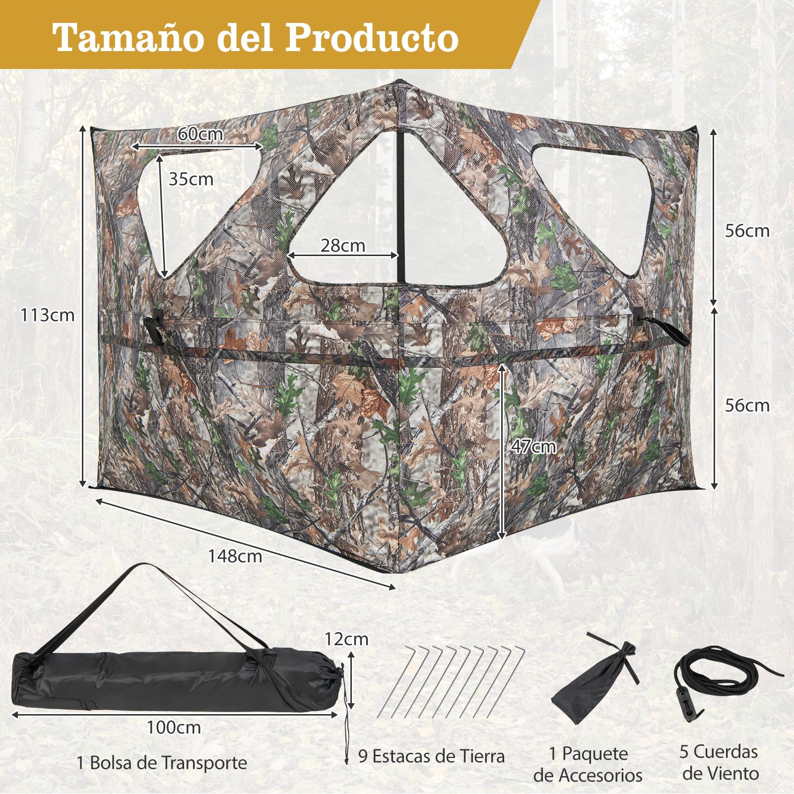 COSTWAY Puesto de Caza Transparente y Portátil de 360 Grados, Persiana de Caza de 2 Paneles con Bolsa de Transporte, Estor de Caza de Ciervos/Pavos/Patos